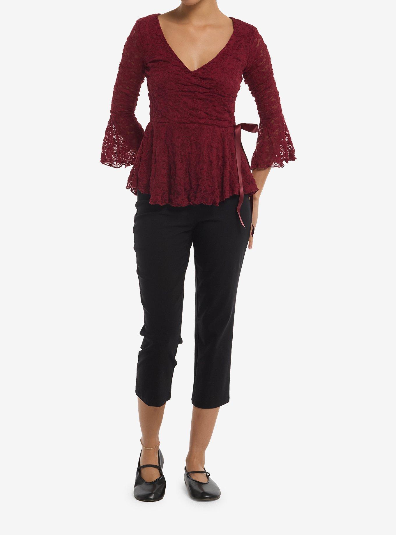 Burgundy Lace Peplum Girls Bell Sleeve Top, MULTI, alternate - view 2