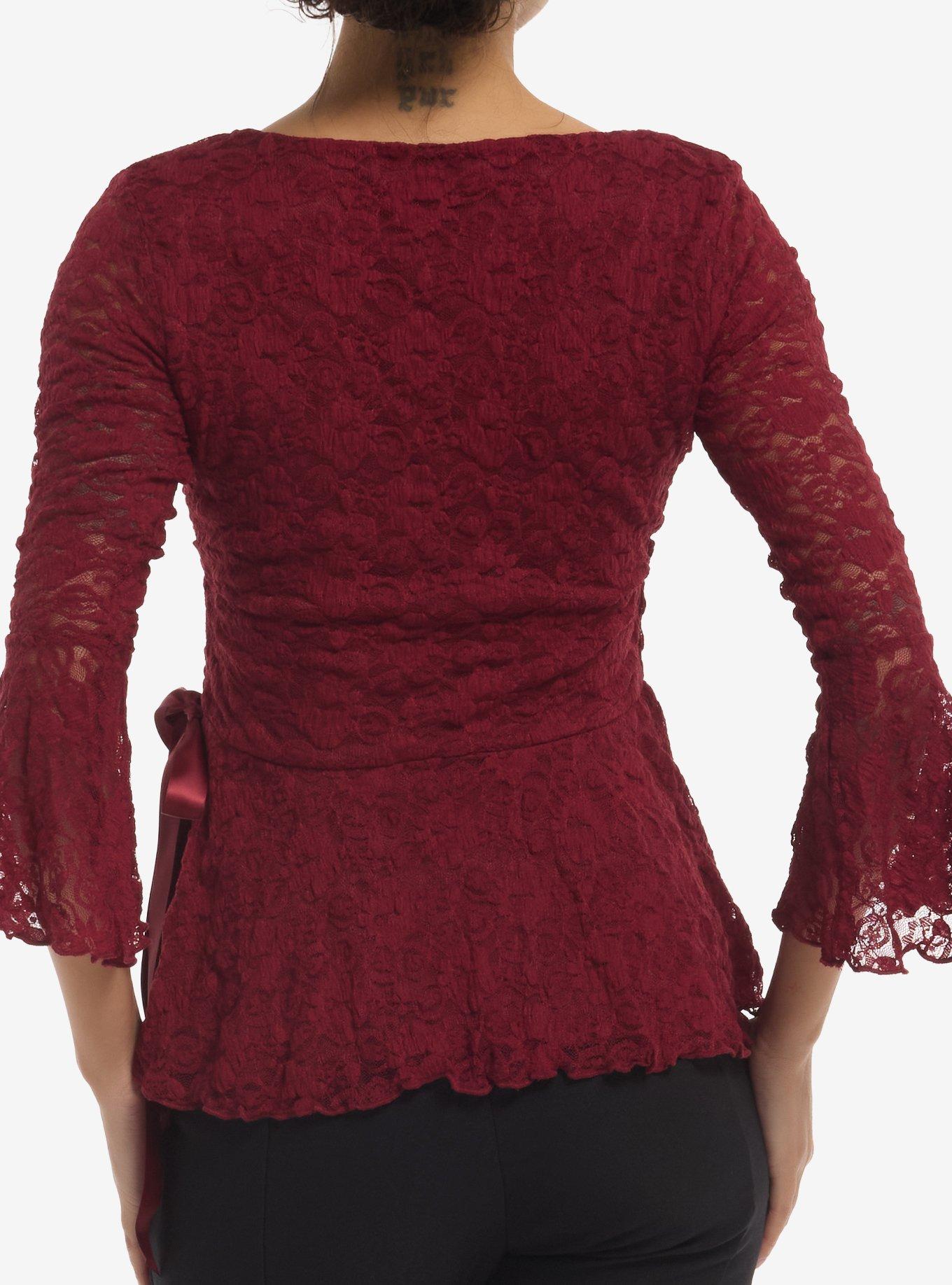 Burgundy Lace Peplum Girls Bell Sleeve Top, MULTI, alternate - view 3