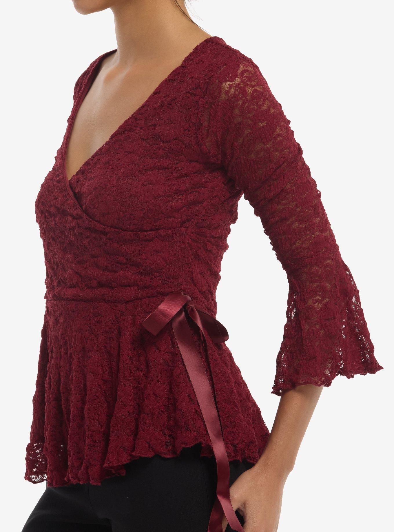 Burgundy Lace Peplum Girls Bell Sleeve Top, MULTI, alternate - view 4