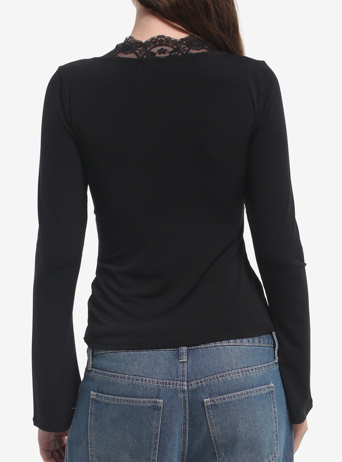 Black Lace Neckline Girls Long-Sleeve Top, MULTI, alternate - view 3