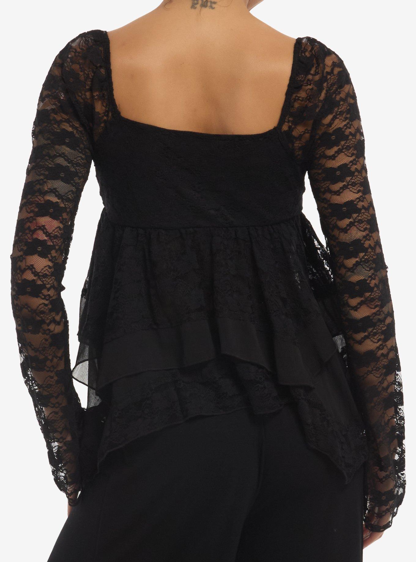 Black Lace Ruffle Babydoll Girls Long-Sleeve Top, MULTI, alternate - view 3