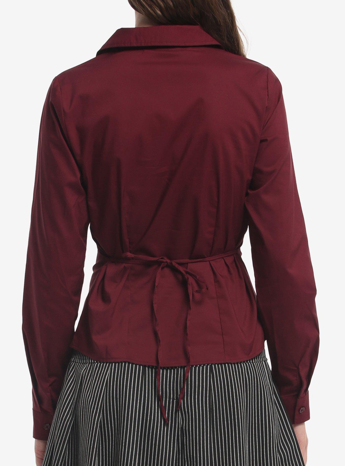 Burgundy V-Neck Girls Long-Sleeve Woven Button-Up, MULTI, alternate - view 3