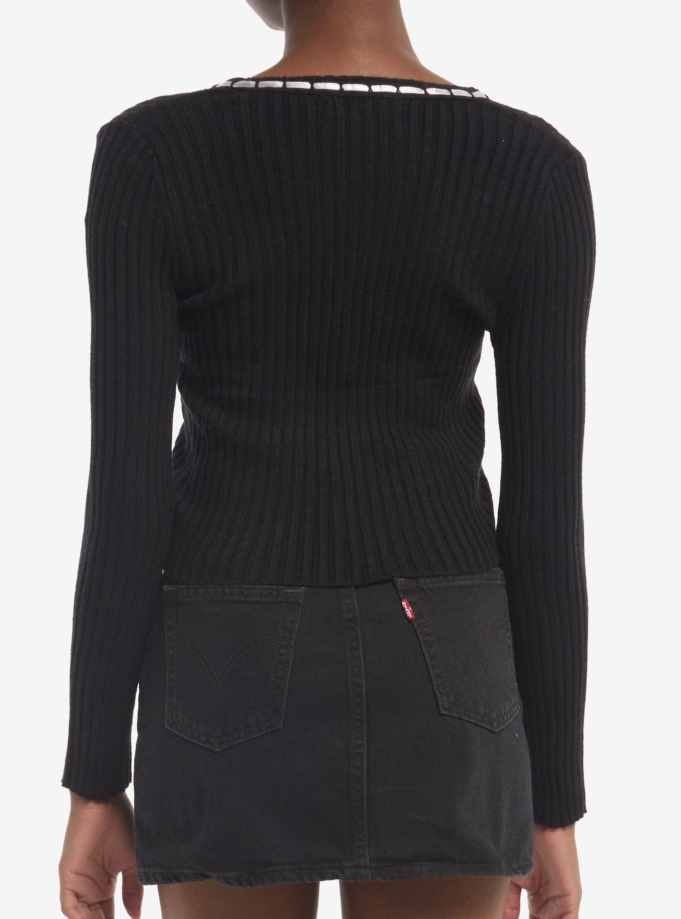 Black & White Contrast Ribbon Girls Sweater, MULTI, alternate - view 3