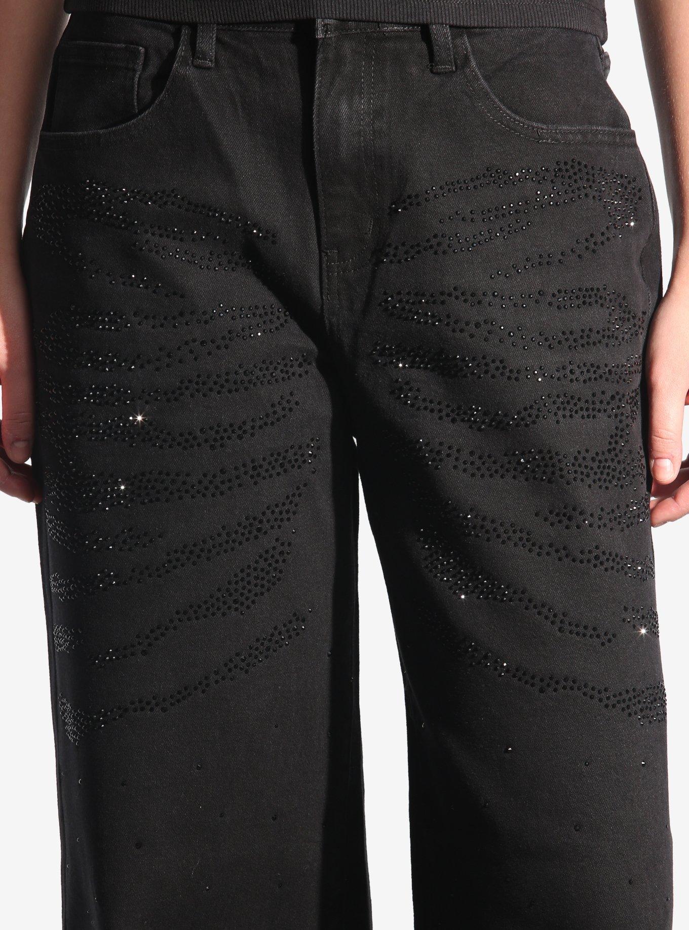 Social Collision Black Rhinestone Rib Cage Wide Leg Jeans, MULTI, alternate - view 3