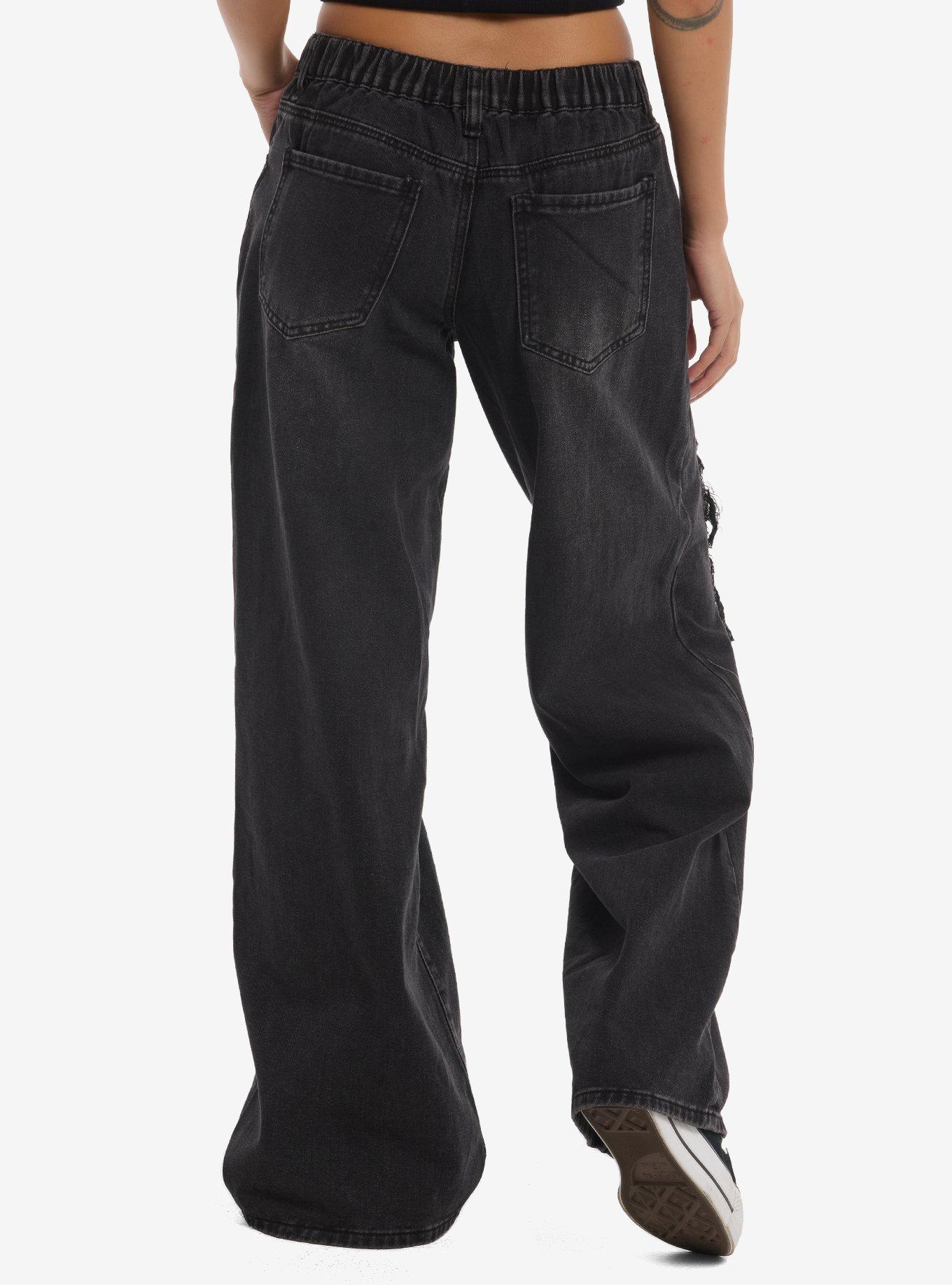 Black Fishnet Distressed Wide Leg Jeans, MULTI, alternate - view 2