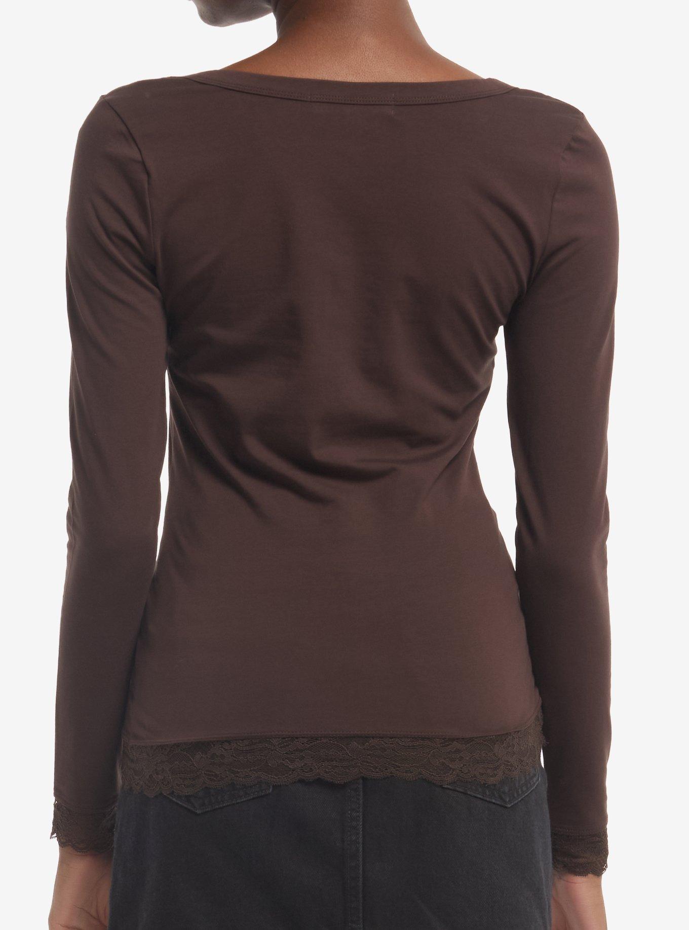 Brown Lace Hem Girls Long-Sleeve Top, MULTI, alternate - view 3