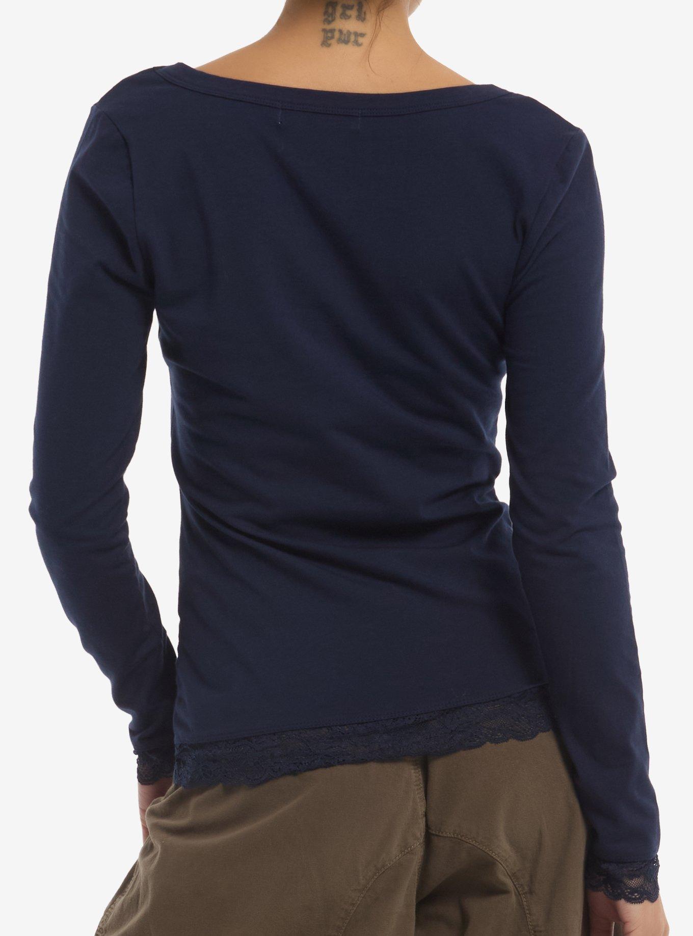Navy Blue Lace Hem Girls Long-Sleeve Top, MULTI, alternate - view 3