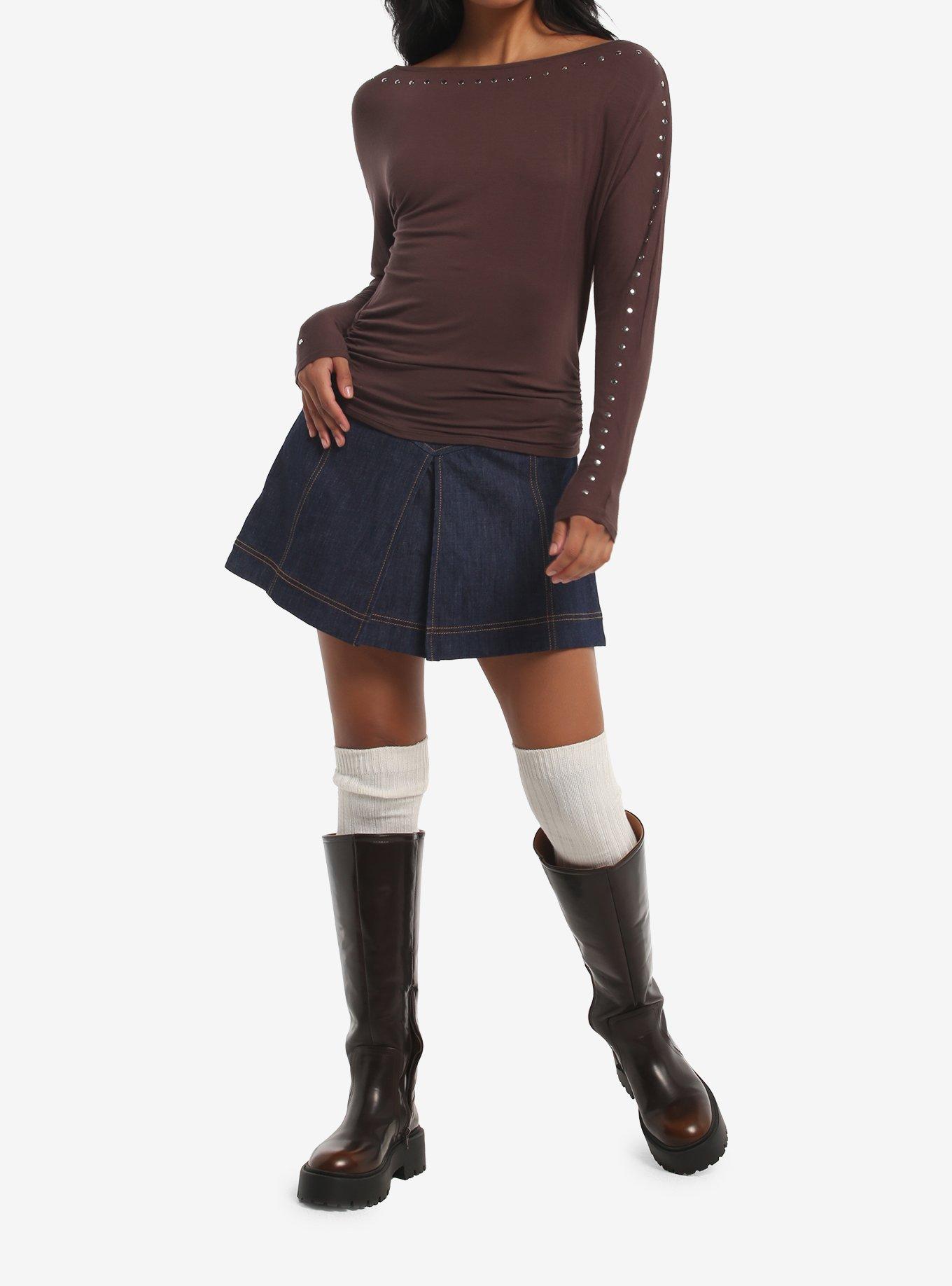 Brown Stud Boatneck Girls Long-Sleeve Top, MULTI, alternate - view 2