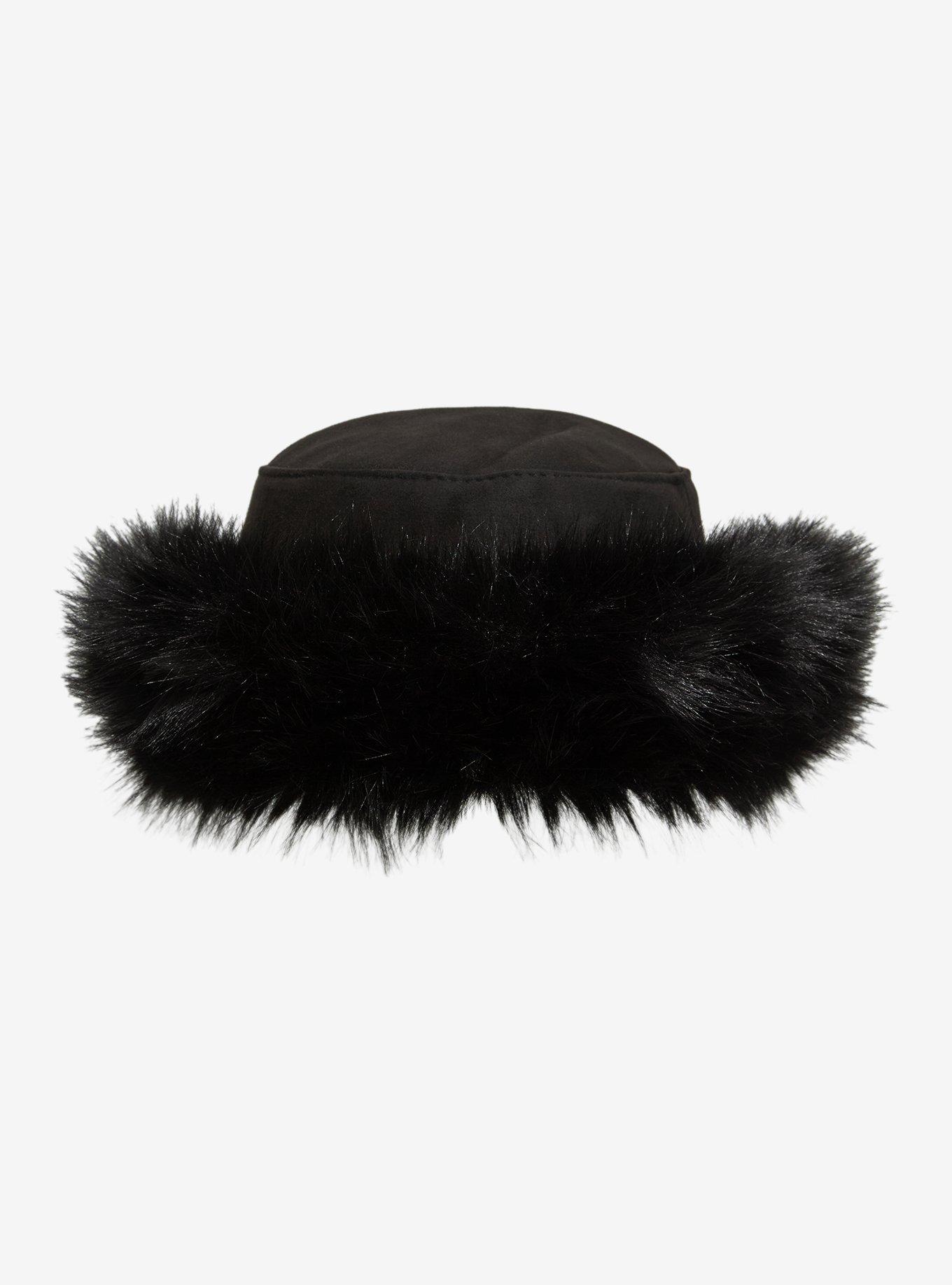Black Fur Brim Bucket Hat, , alternate - view 2
