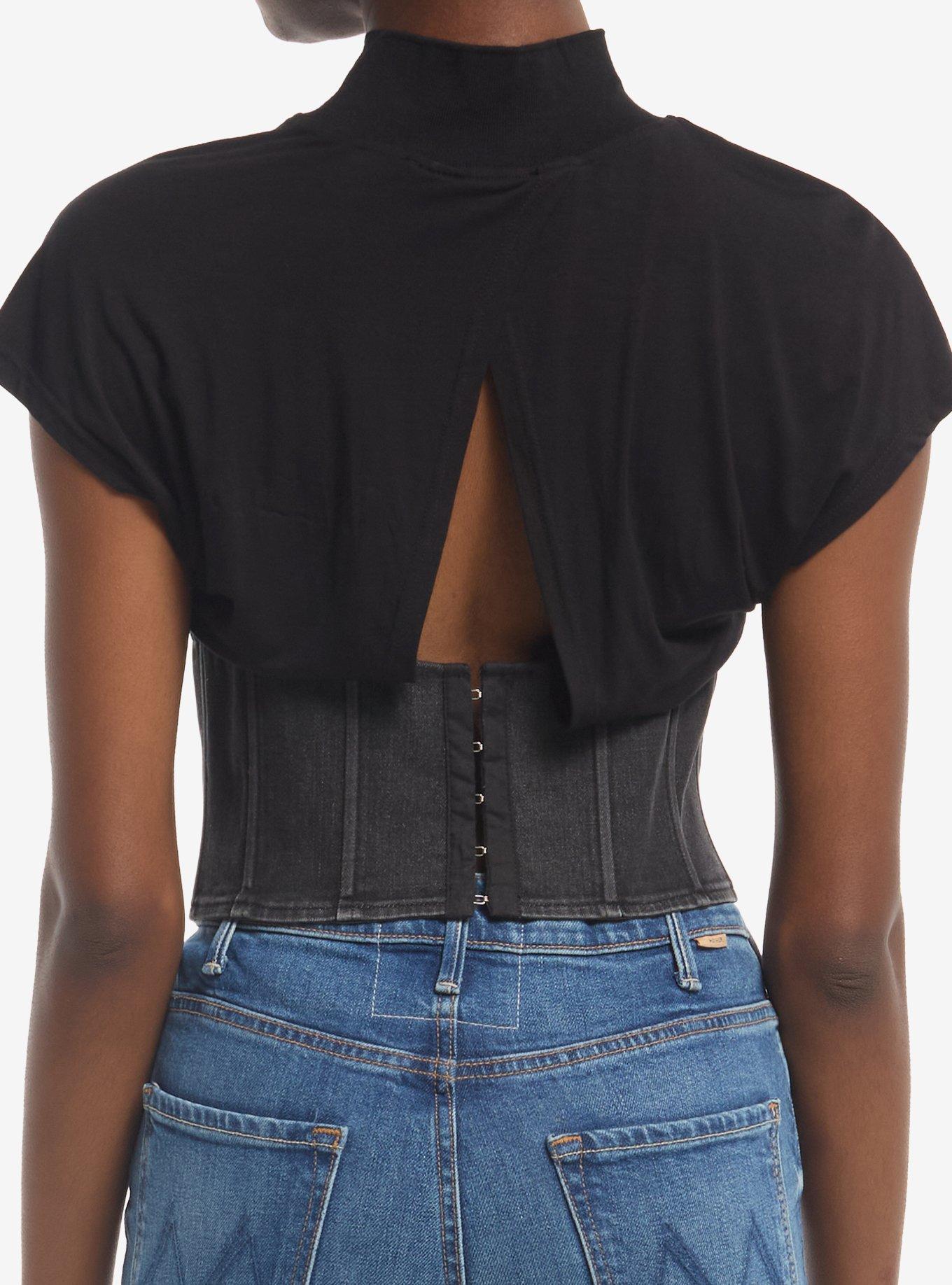 Black Twofer Girls Denim Corset Top, MULTI, alternate - view 2