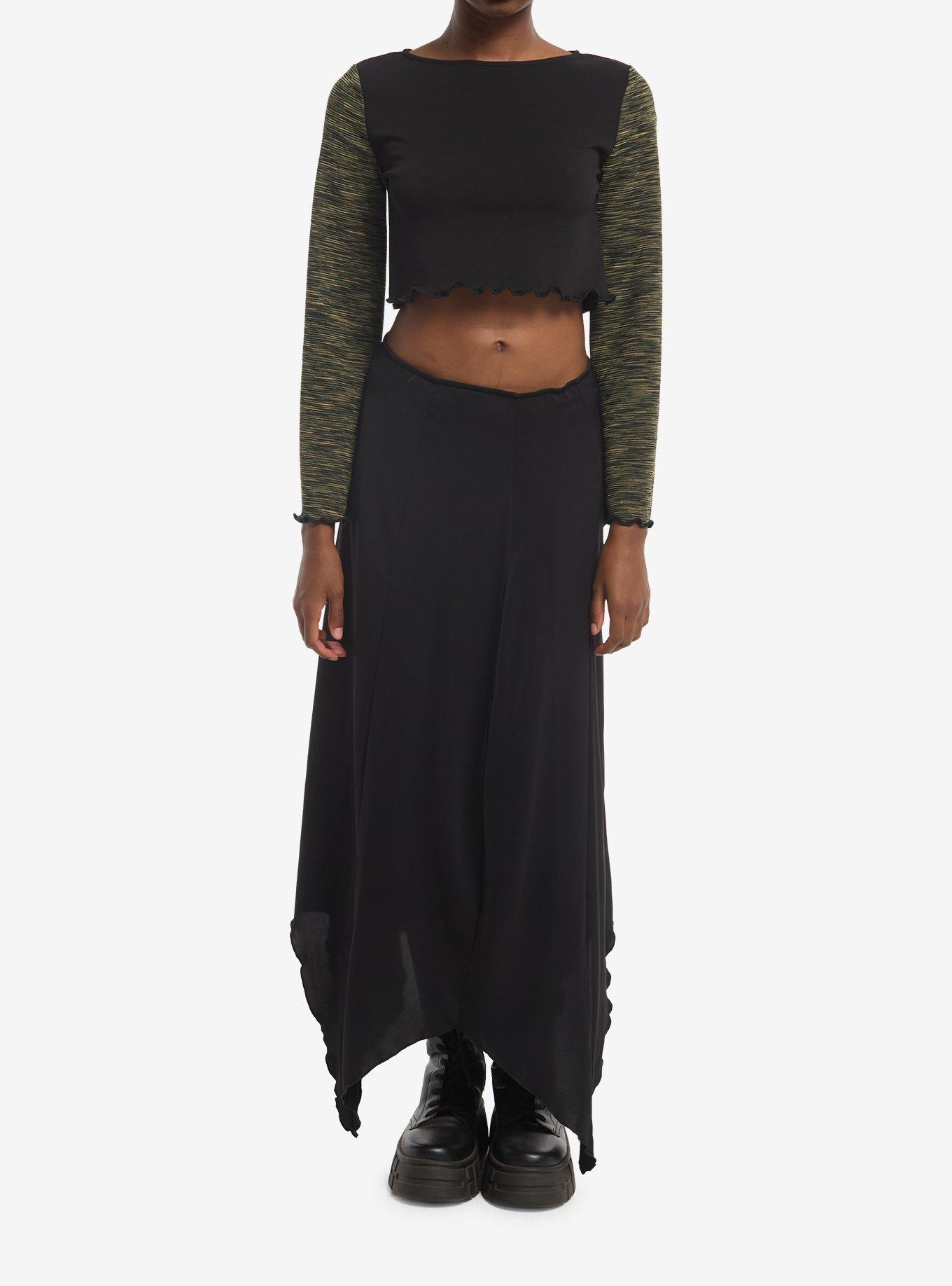 Black & Green Color-Block Girls Crop Long-Sleeve Top, MULTI, alternate - view 2