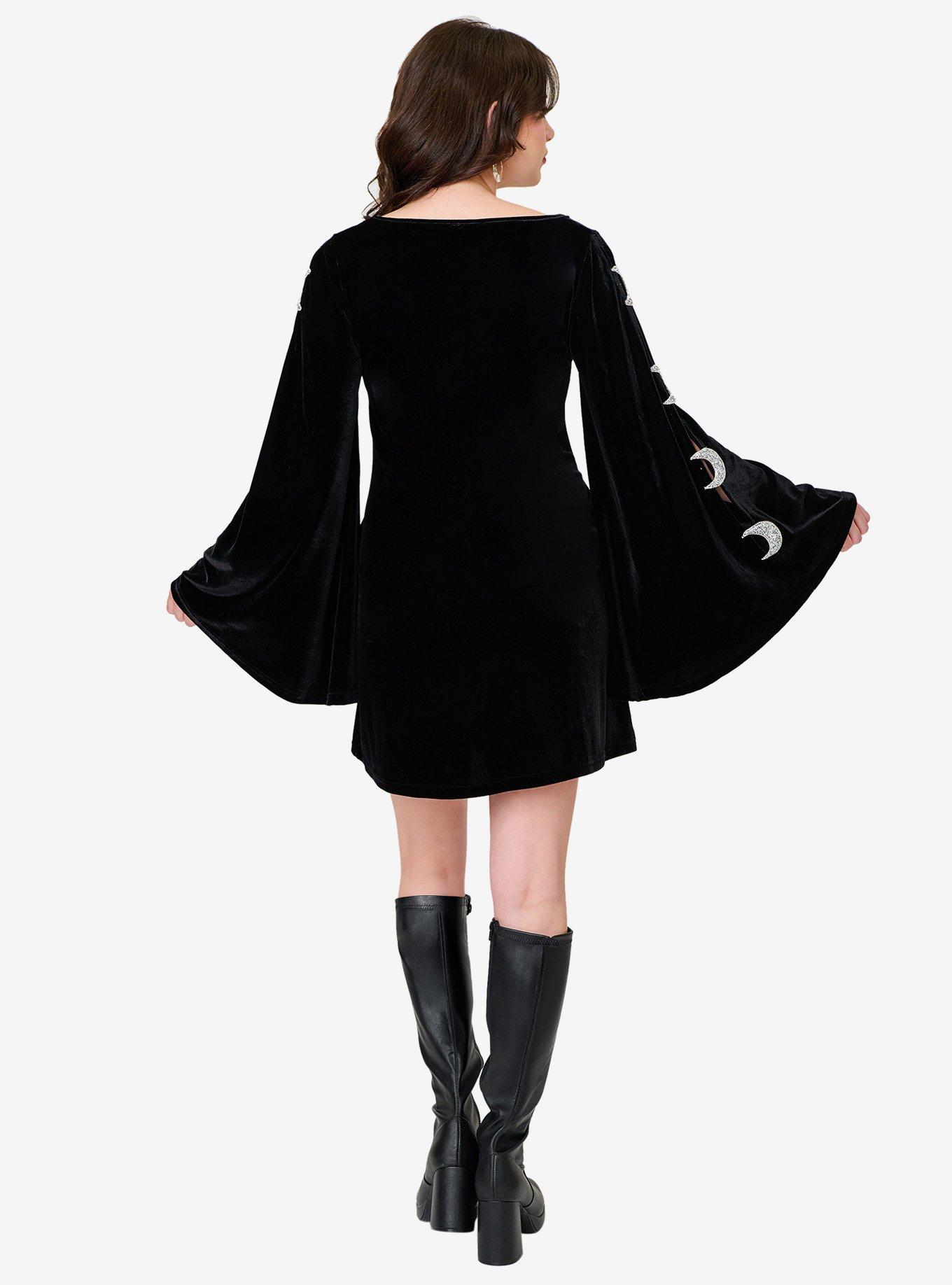 Smak Parlour Black Velvet Moon Cutout Bell Sleeve Mini Dress, BLACK, alternate - view 2
