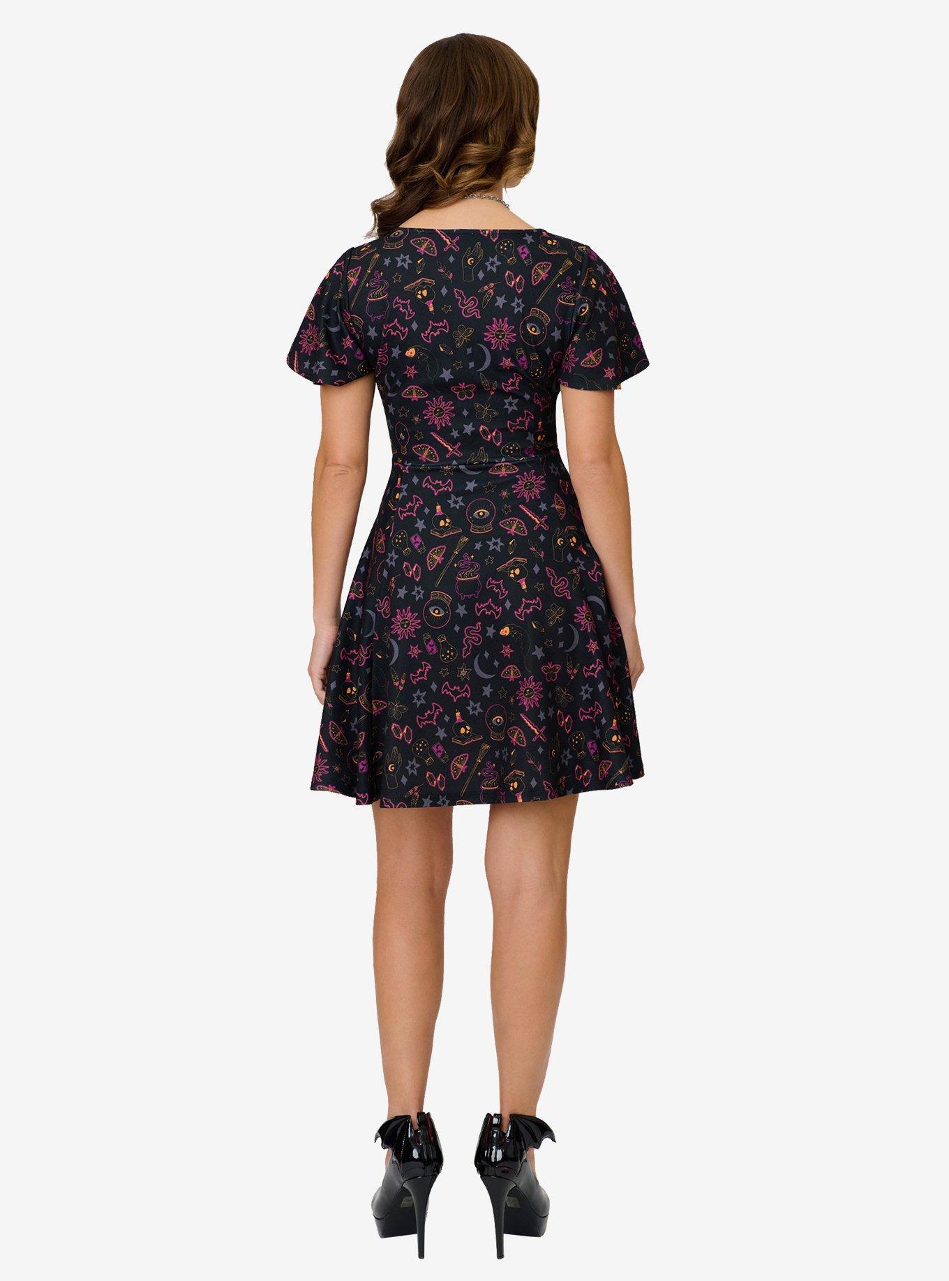 Unique Vintage Black Mystical Icons Poppy Flare Dress, BLACK, alternate - view 2