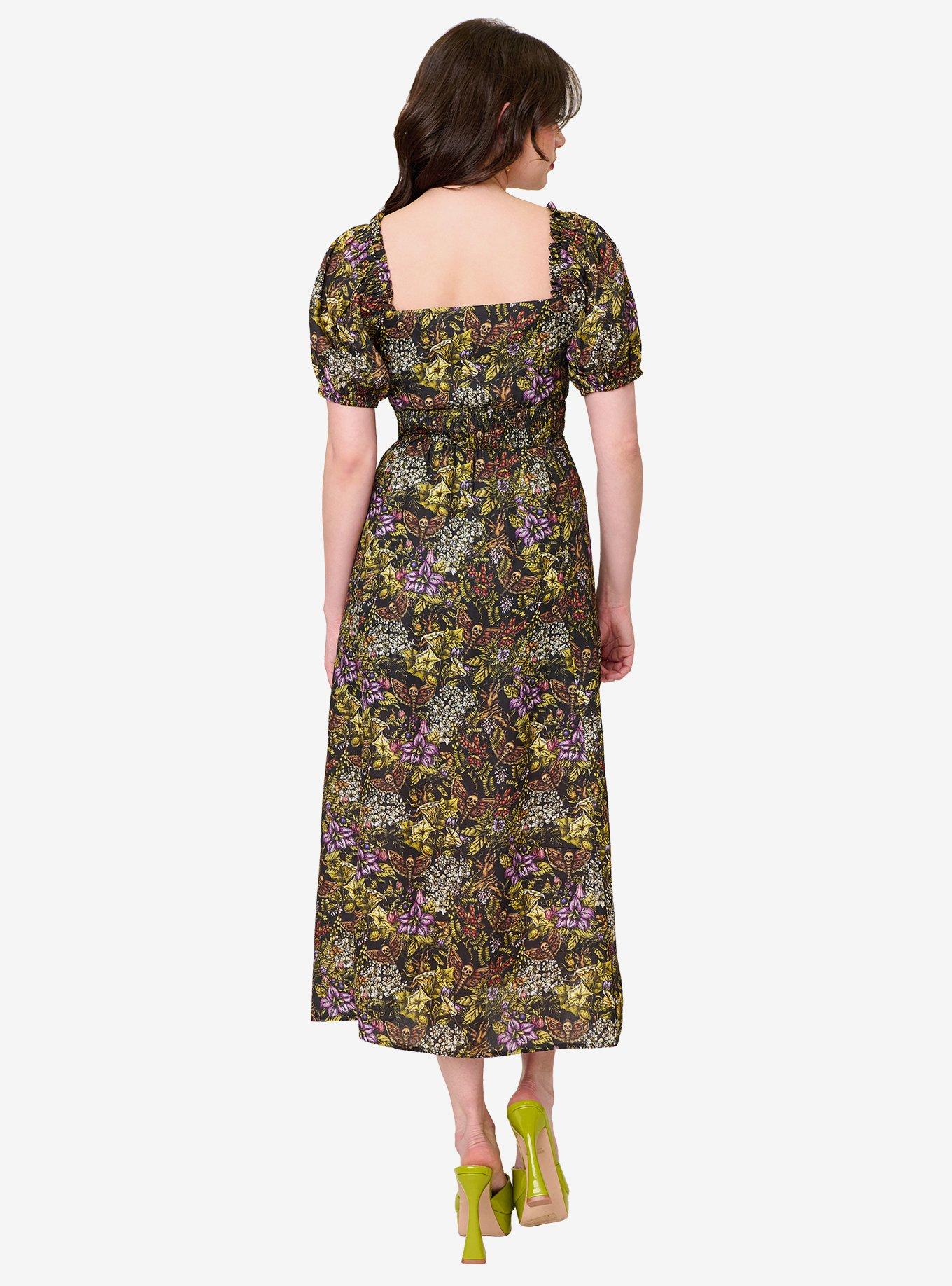 Unique Vintage Dark Magic Floral Midi Dress, BLACK, alternate - view 2