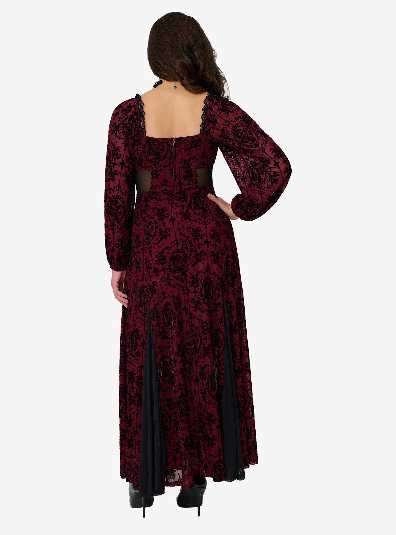 Unique Vintage Burgundy Flocked Godet Maxi Dress, RED, alternate - view 2