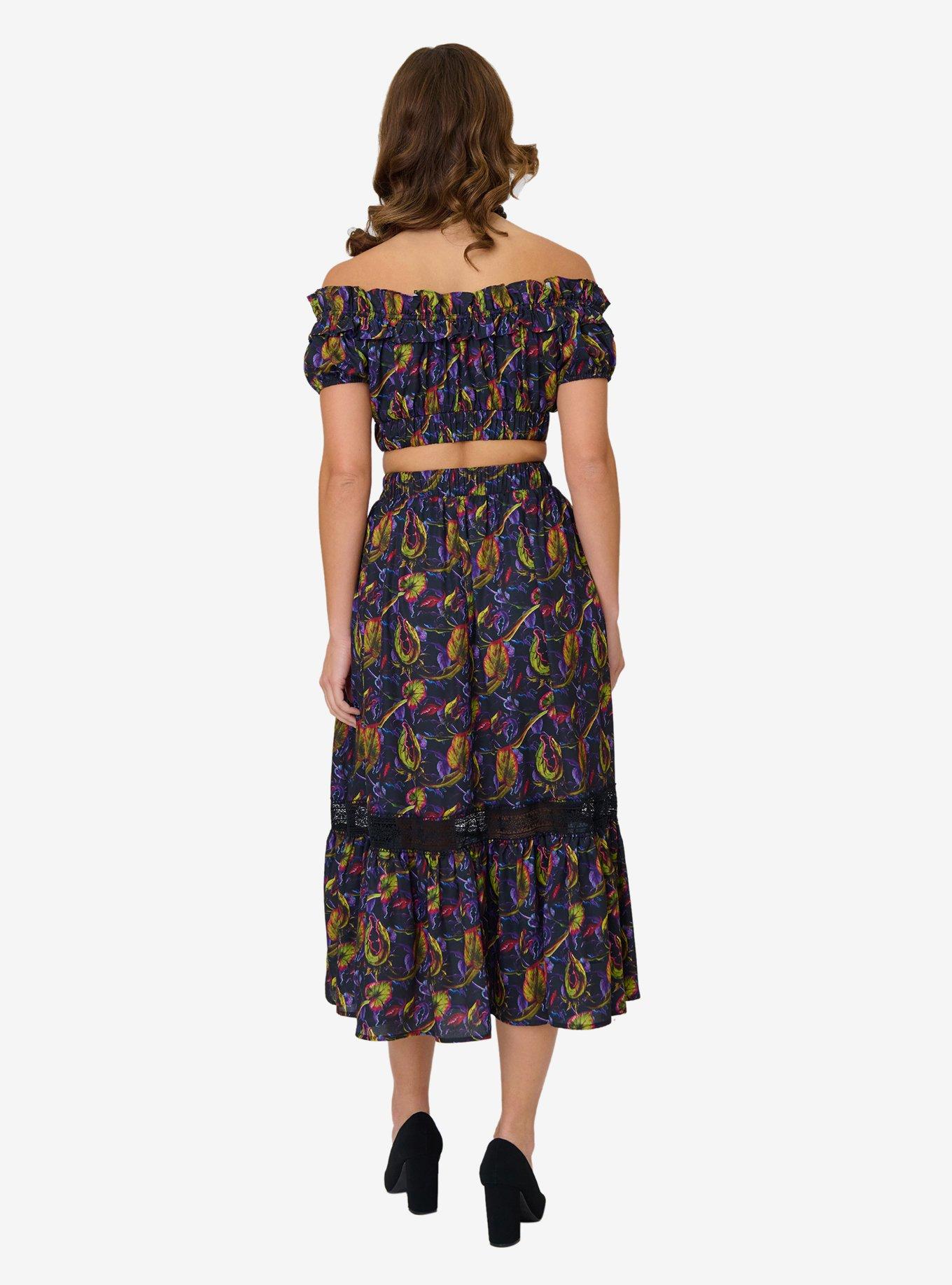 Unique Vintage Carnivorous Plants Tiered Midi Skirt, BLACK, alternate - view 2