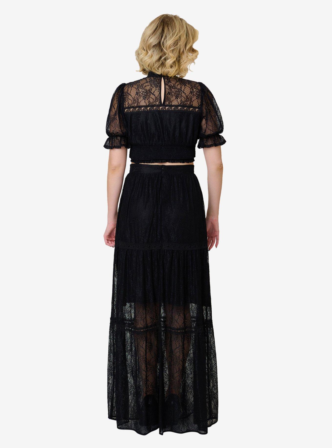 Unique Vintage Black Lace Tiered Maxi Skirt, BLACK, alternate - view 2