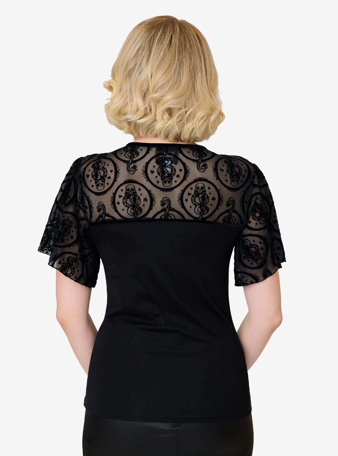 Harry Potter x Unique Vintage Black Dark Mark Flutter Sleeve Sweetheart Top, BLACK, alternate - view 2