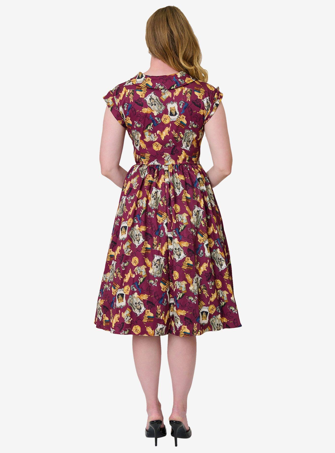 Harry Potter x Unique Vintage Burgundy Magical Creatures Swing Dress, RED, alternate - view 2