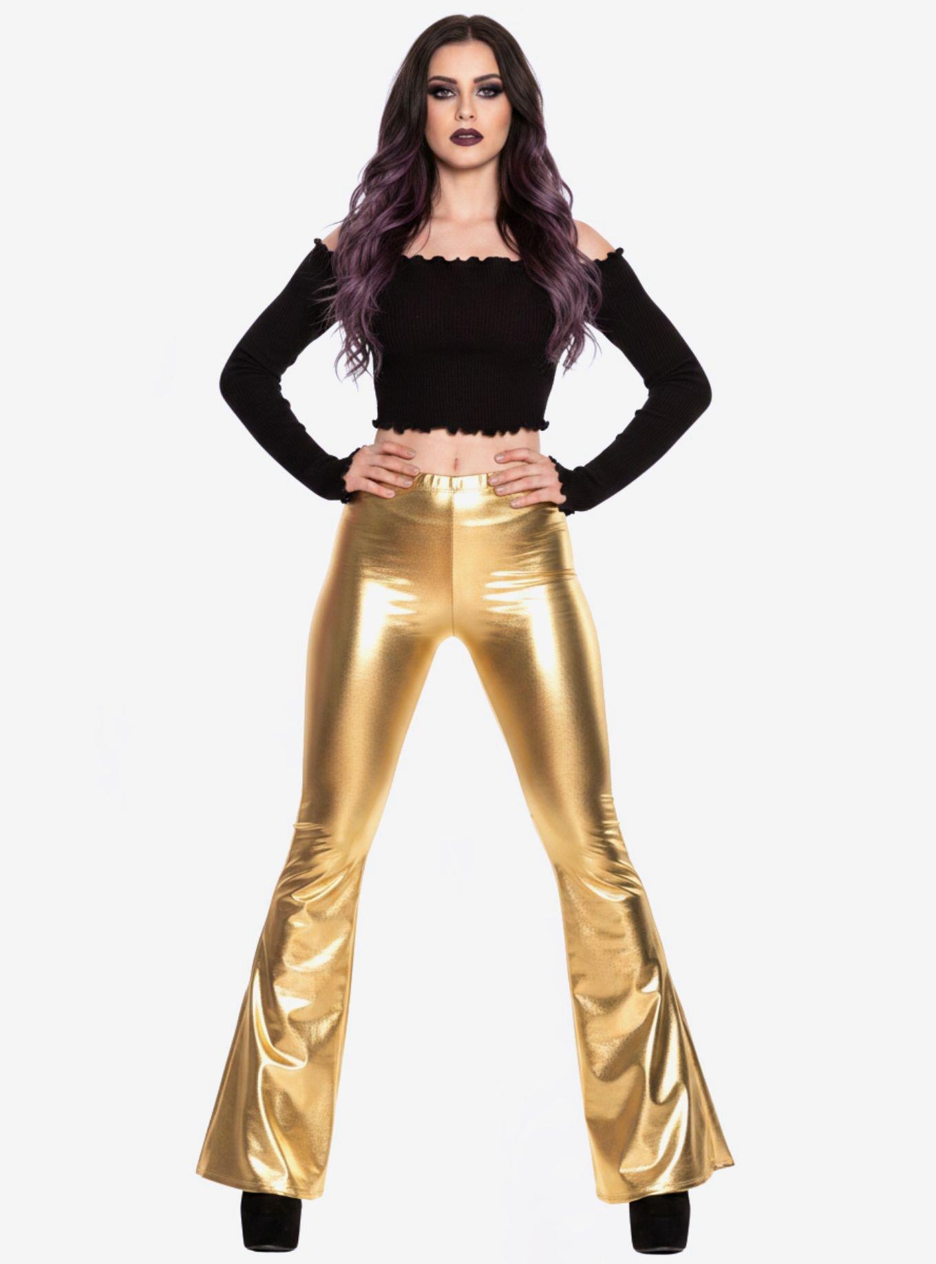 Gold Metallic Faux Leather Bell Bottoms Disco High Waisted Flare Pants, GOLD, alternate - view 2