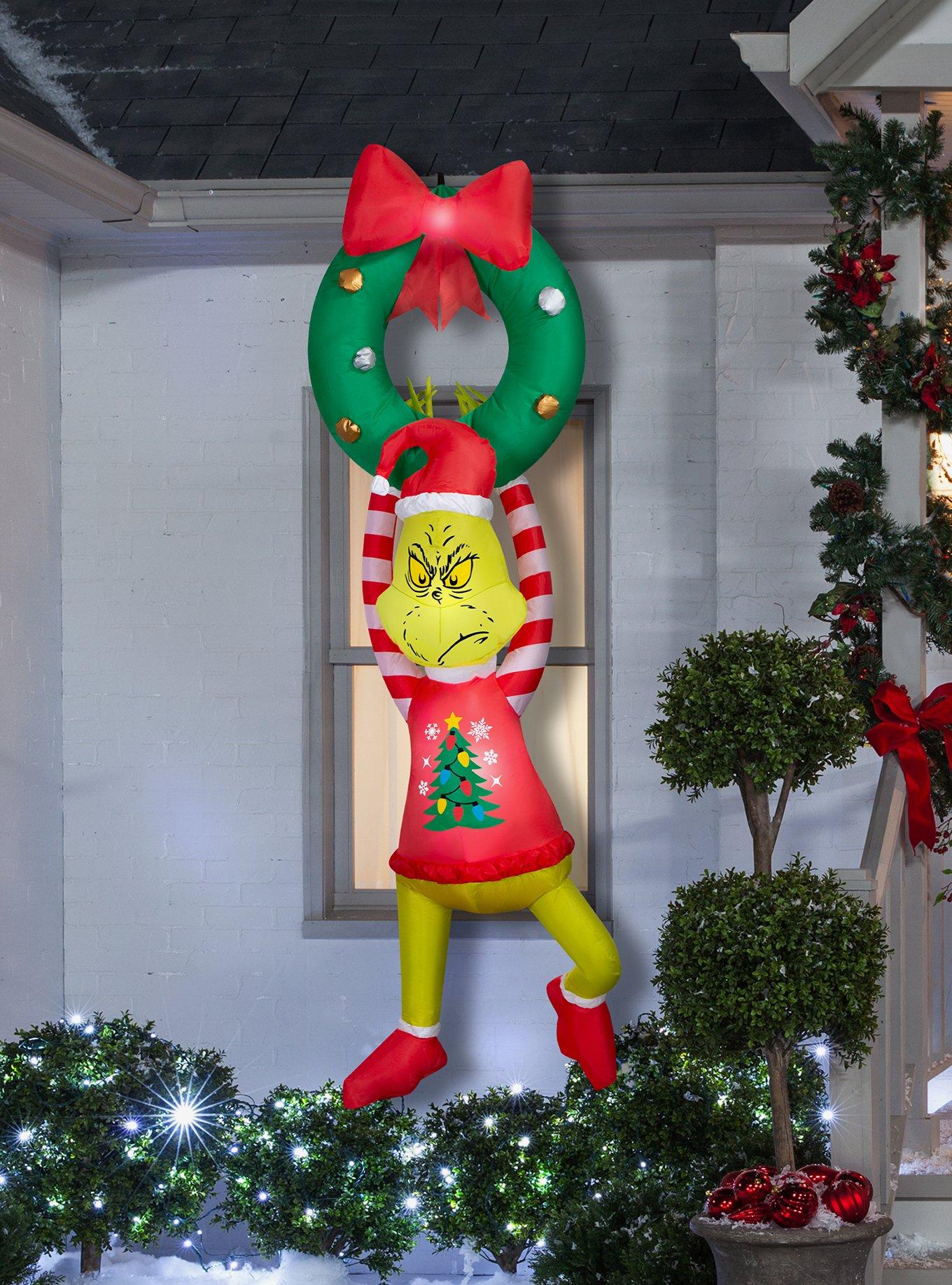 Dr. Seuss How The Grinch Stole Christmas! Grinch Hanging From Wreath with Red Bow Airblown, , alternate - view 2