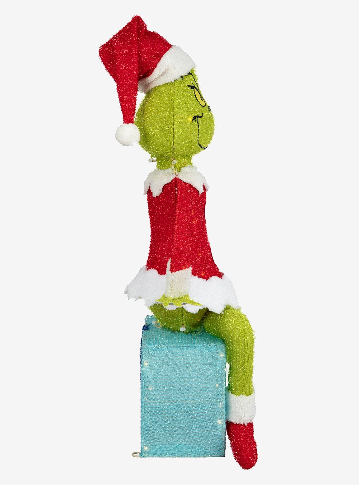 Dr. Seuss How The Grinch Stole Christmas! Grinch Sitting On Present 28" 3D Lighted Tinsel Sculpture