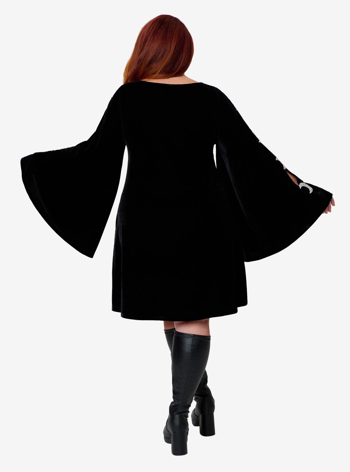 Smak Parlour Plus Size Black Velvet Moon Cutout Bell Sleeve Mini Dress, BLACK, alternate - view 2