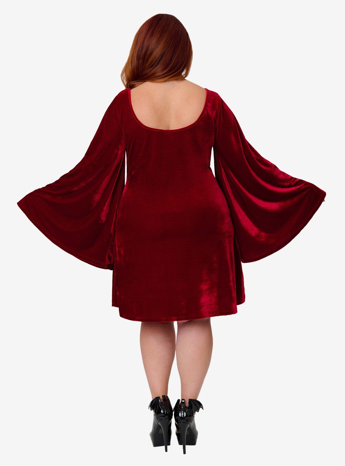 Smak Parlour Plus Size Burgundy Velvet Moon Cutout Downtown Scene Mini Dress, RED, alternate - view 2