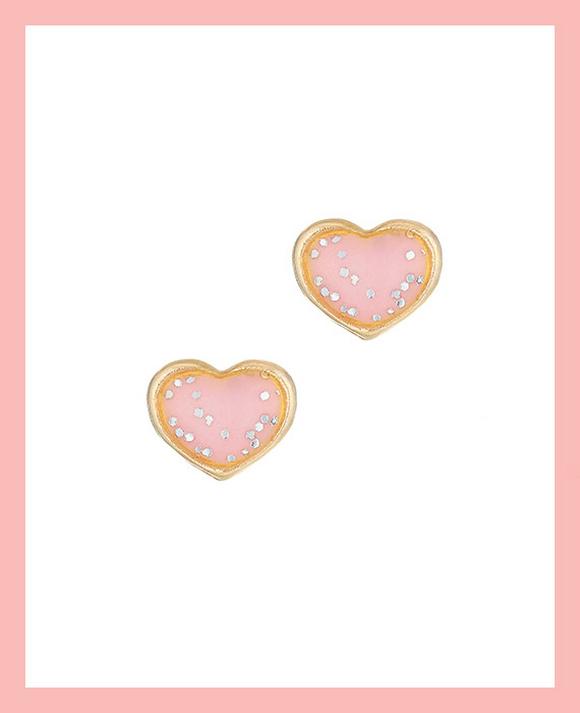 gold earrings with pink enamel hearts