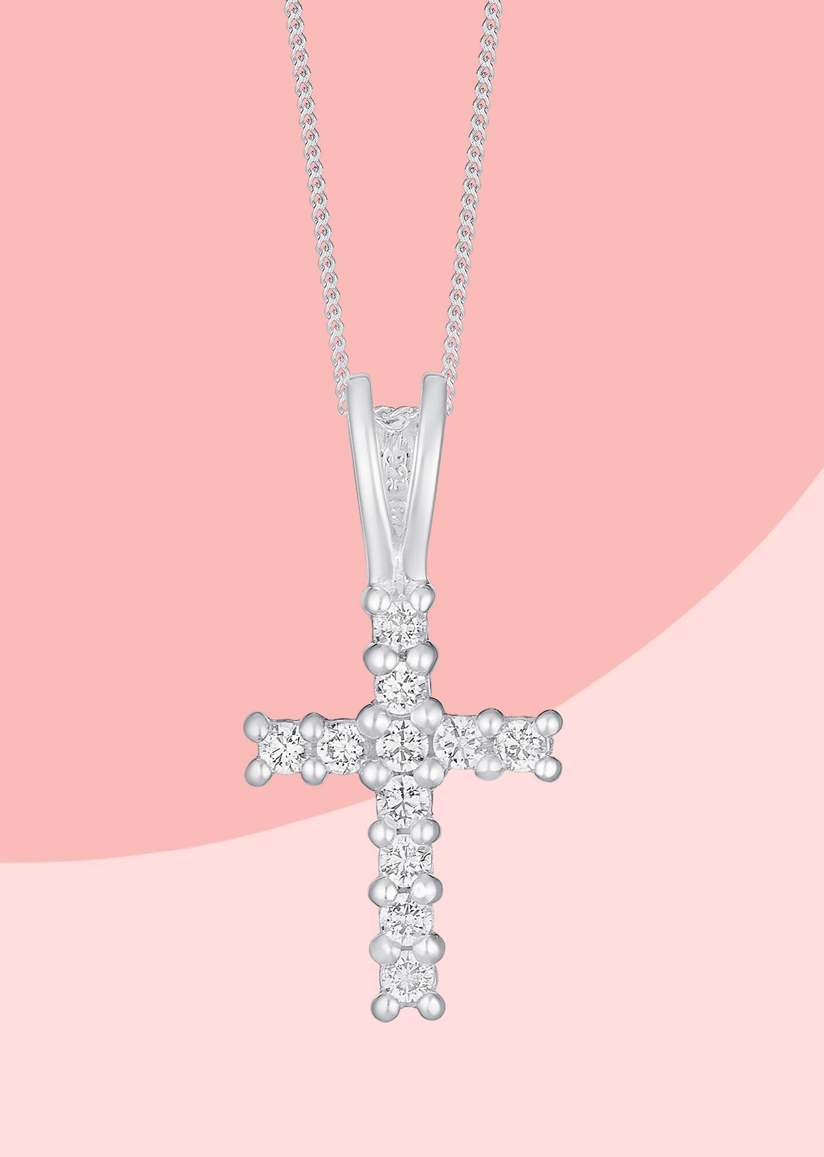 silver and cubic zirconia cross on chain