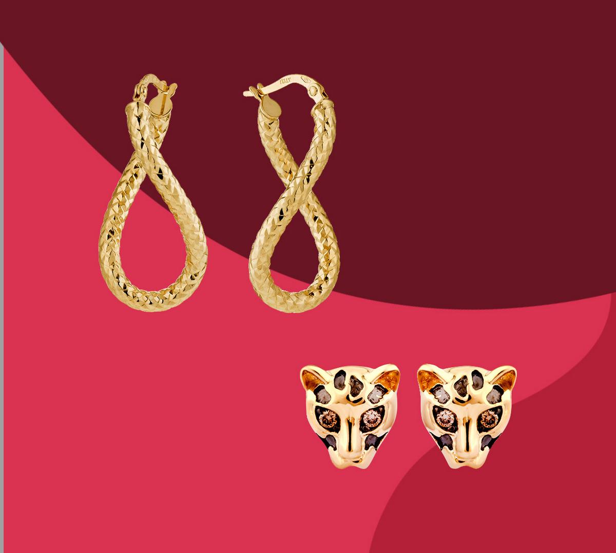 gold twist hoop earrings and gold panther earrings