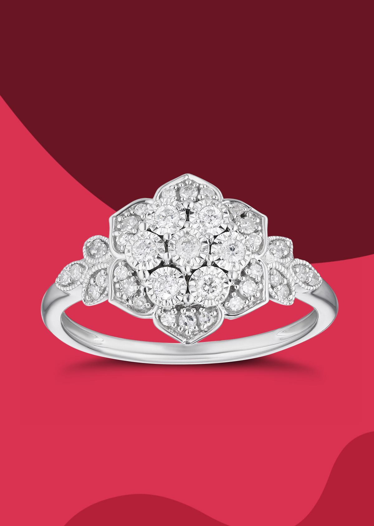 9 carat white gold diamond cluster flower engagement ring