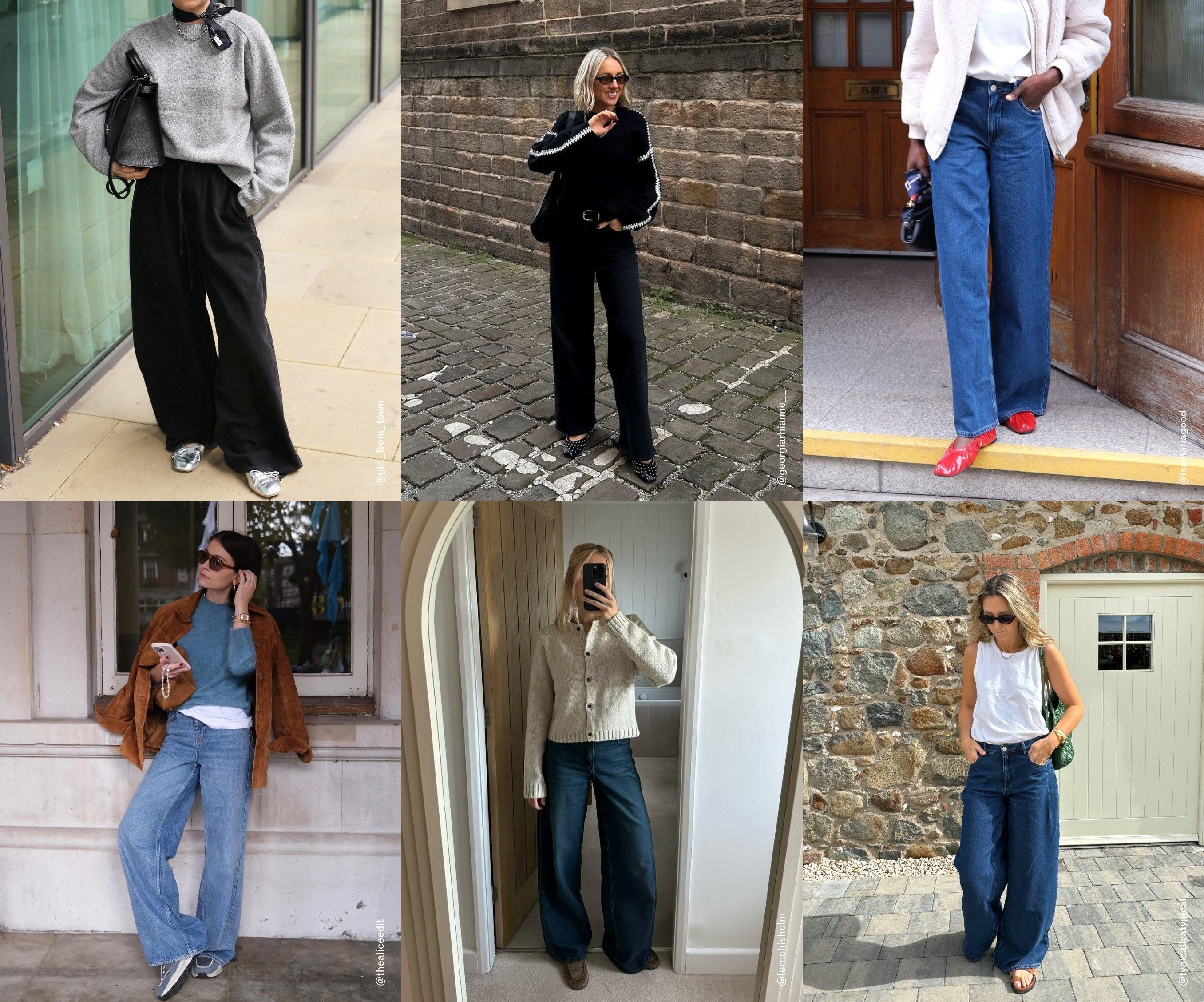 street style of wide-leg jeans and straight-leg jeans in blue and black denim