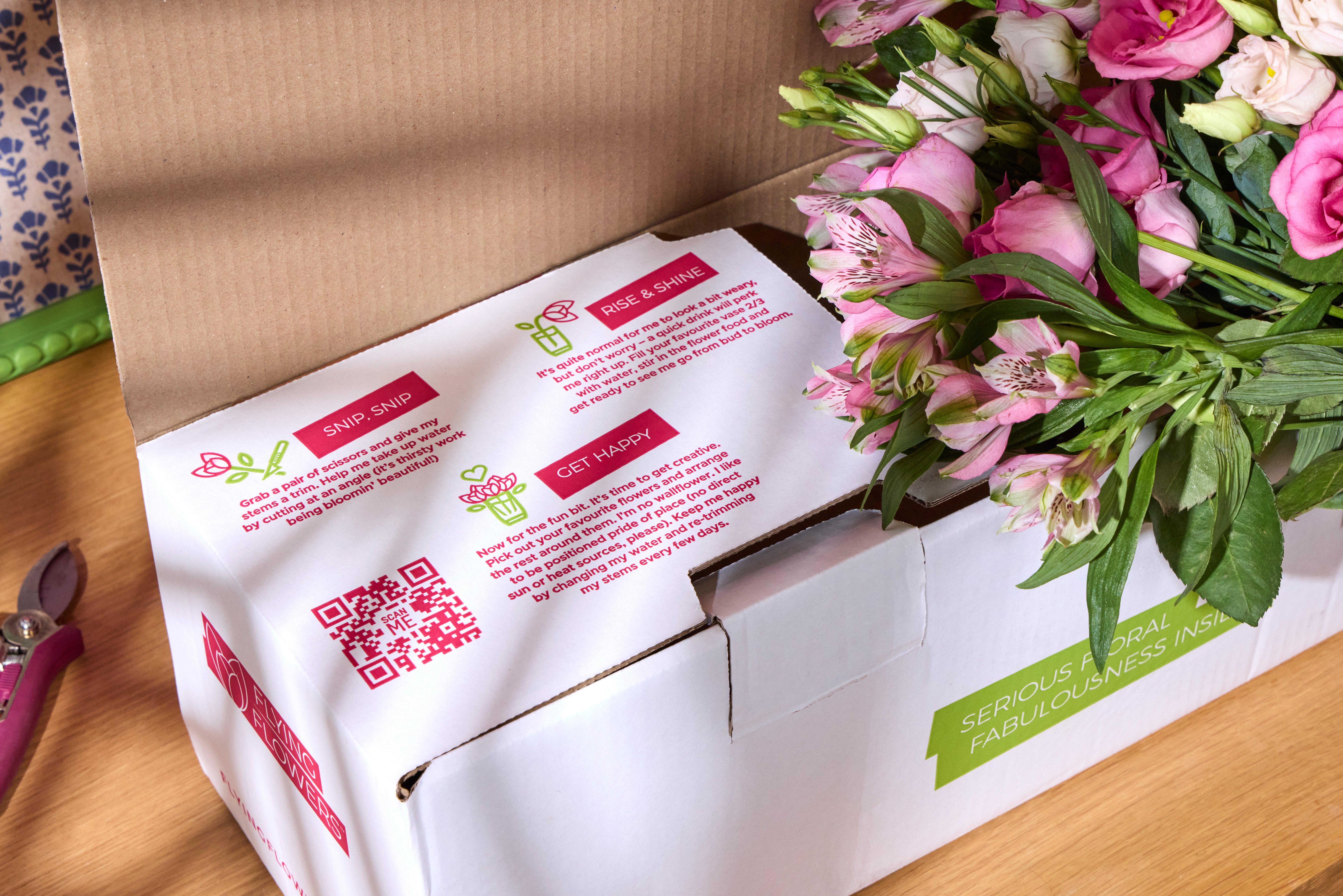 Flying Flowers packaging and care guide