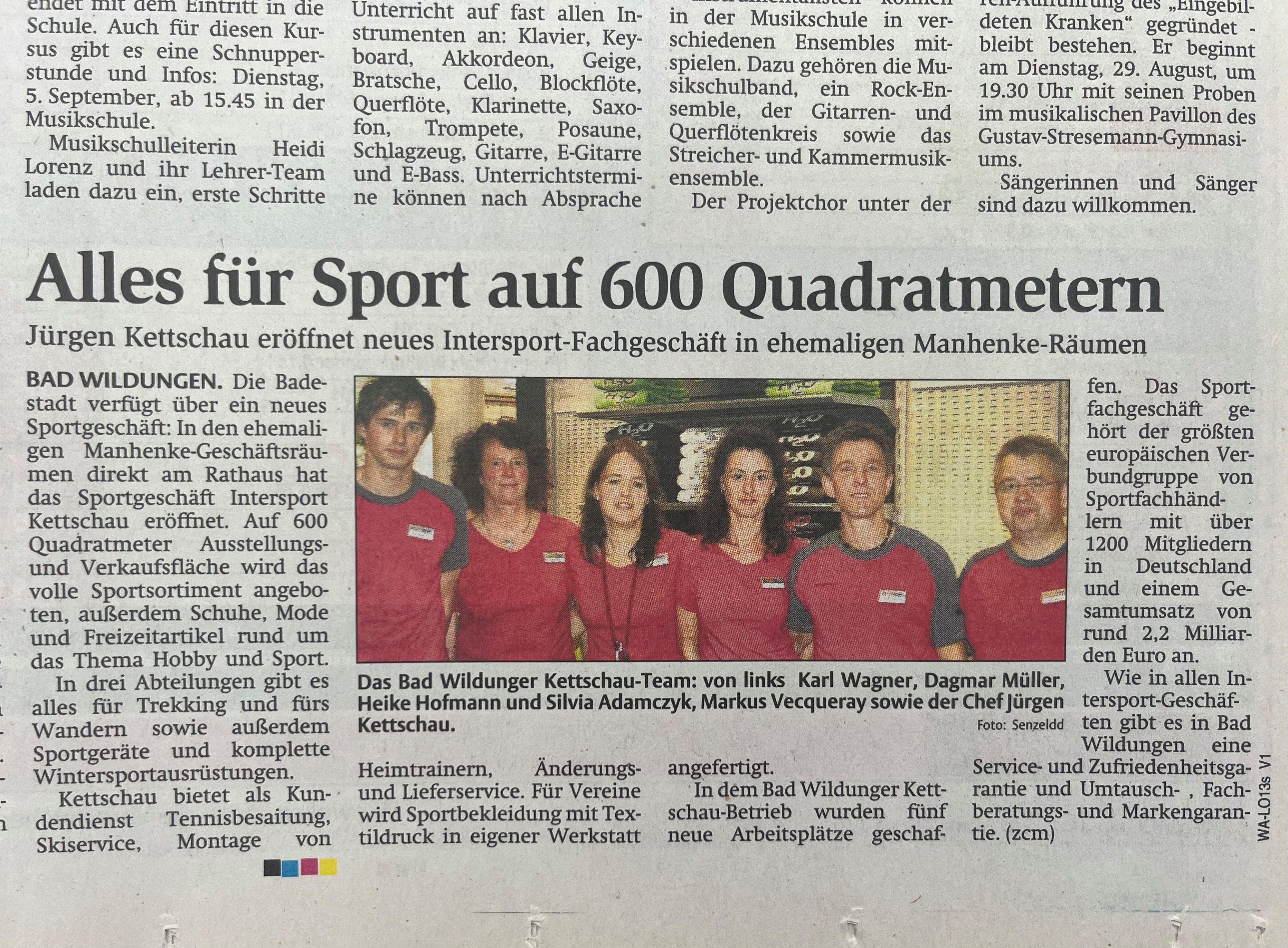 Zeitungsausschnitt "Alles für Sport auf 600 Quadratmetern"