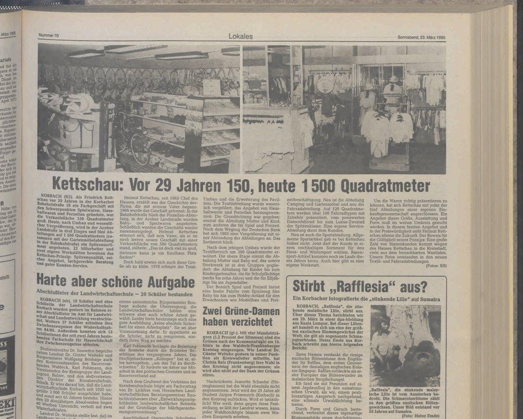 Schwarz-weißer Zeitungsausschnitt von 1985: Kettschau vor 29 Jahren 150, heute 1500 Quadratmeter mit Fotos aus dem Geschäft