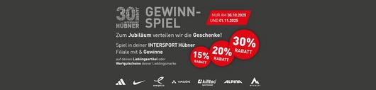 Gewinnspiel 30 Jahre INTERSPORT Hübner: Gewinne Wertgutscheine oder bis zu 30% Rabatt auf deinen Lieblingsartikel
