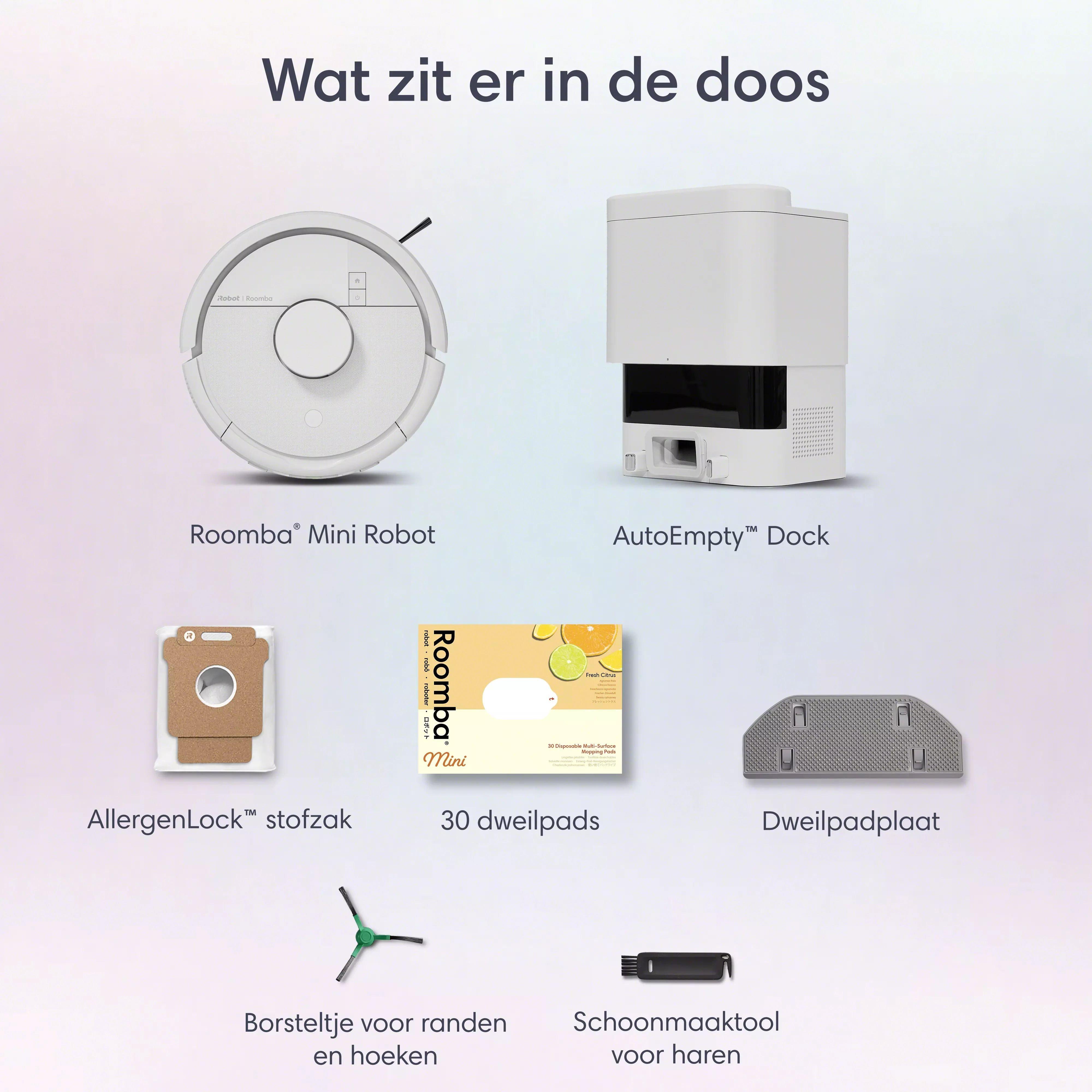 Roomba® Mini robotstofzuiger en dweilrobot + AutoEmpty™ Dock - Wit