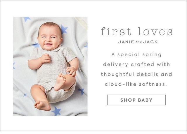 First Loves by Janie and Jack. A special spring delivery crafted with thoughtful details and cloud-like softness. Shop baby. 