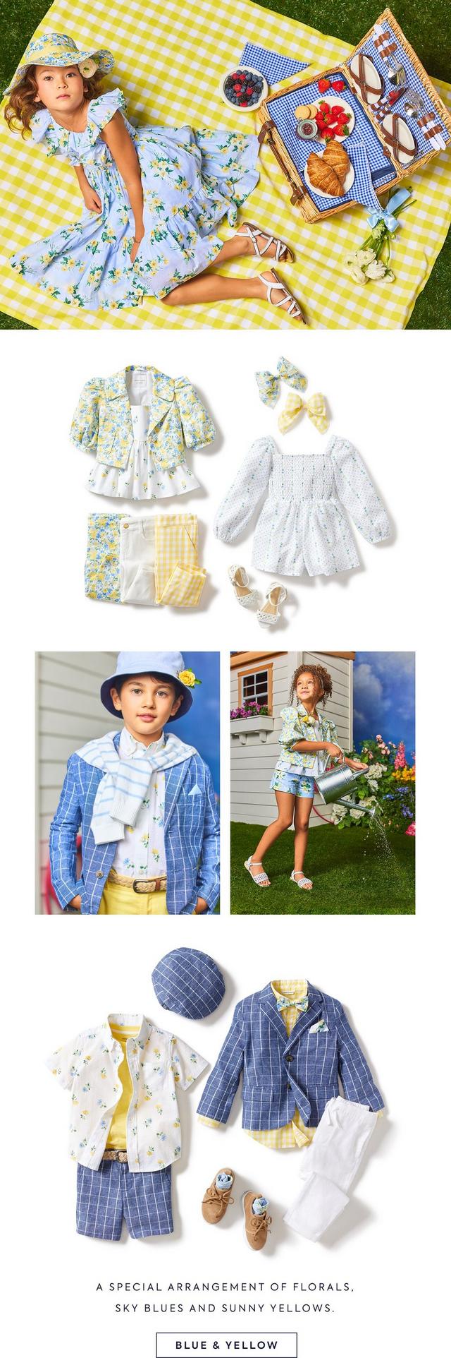 A special arrangement of florals, sky blues and sunny yellows. Shop blue & yellow family matching for girl, boy, baby and tween.