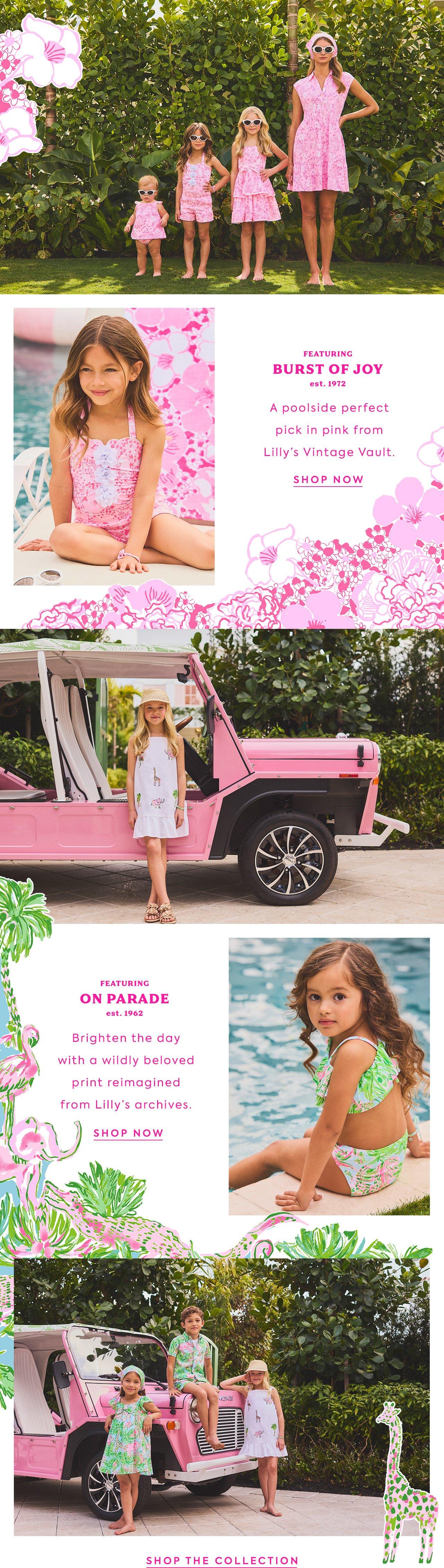 Featuring Burst of Joy. A poolside perfect pick in pink from Lilly's Vintage Vault. Shop Now. Featuring On Parade. Brighten the day with a wildly beloved print reimagined from Lilly's archives. Shop Now. Shop the Collection.