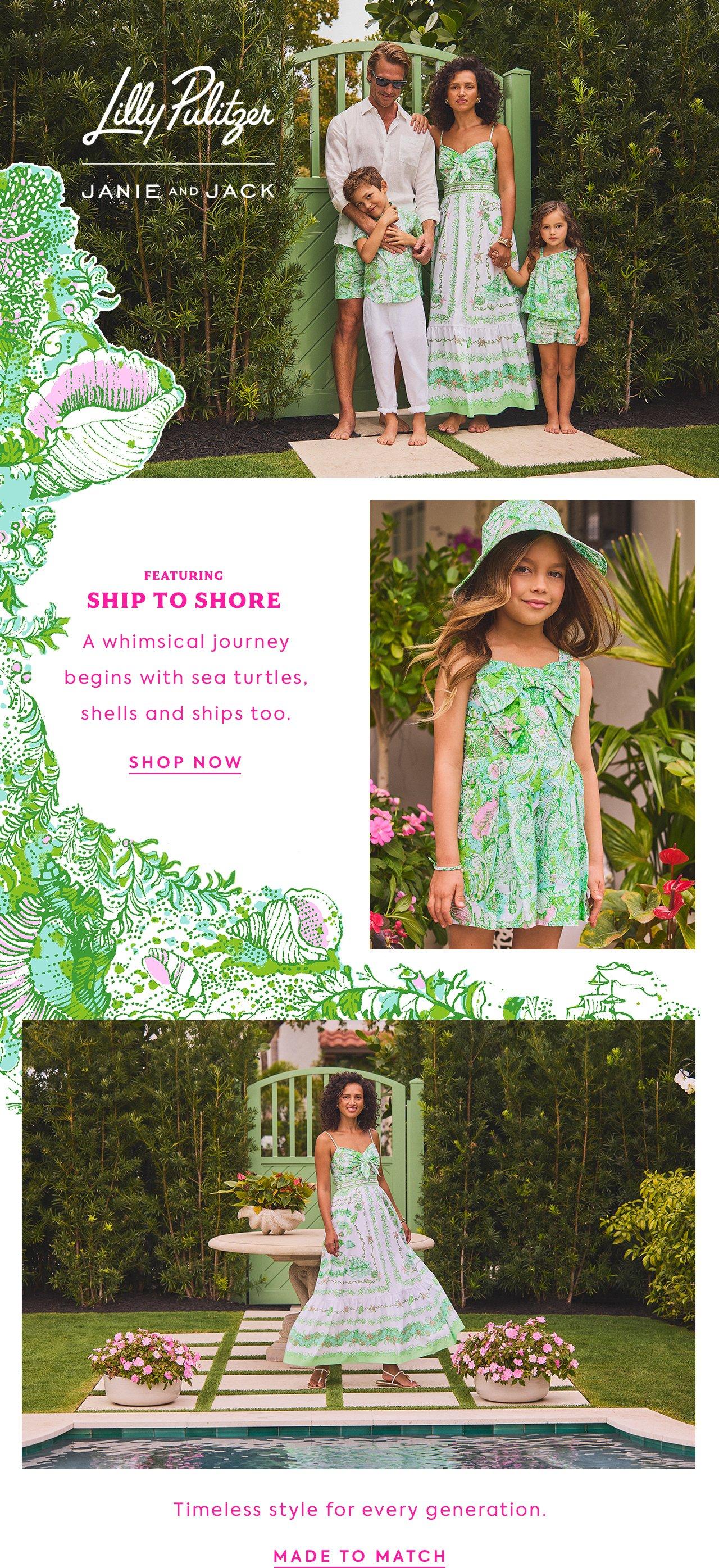 Lilly Pulitzer x Janie and Jack. Featuring Ship to Shore. A whimsical journey begins with sea turtles, shells and ships too. Shop Now. Timeless style for every generation. Made to Match. 