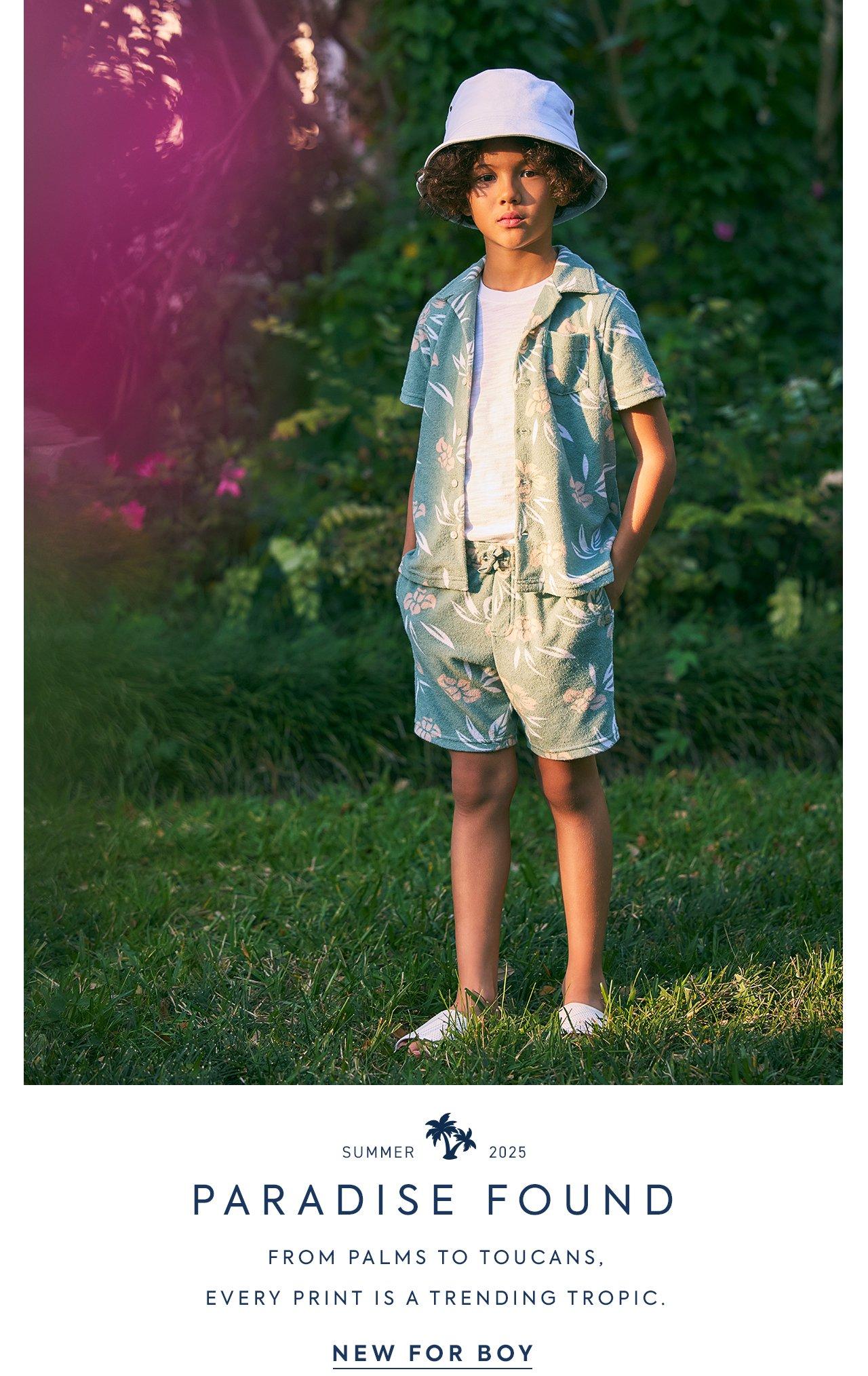 Paradise Found. From palms to toucans, every print is a trending topic. New for Boy.