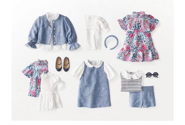 Image: girls fall family matching products. Blue tweeds, white shirts, floral dresses, accessories.