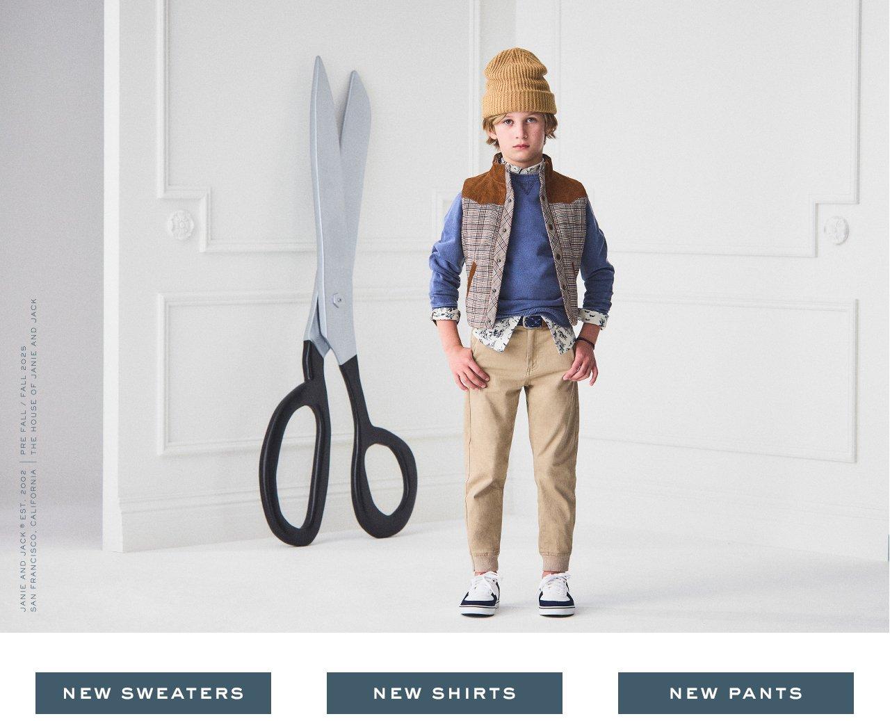 Click to shop new sweaters, shirts, and pants for boys.