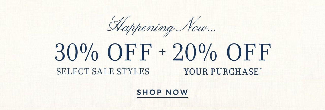 Happening Now... 30% Off Select Sale Styles + 20% Off Your Purchase. Shop Now. 