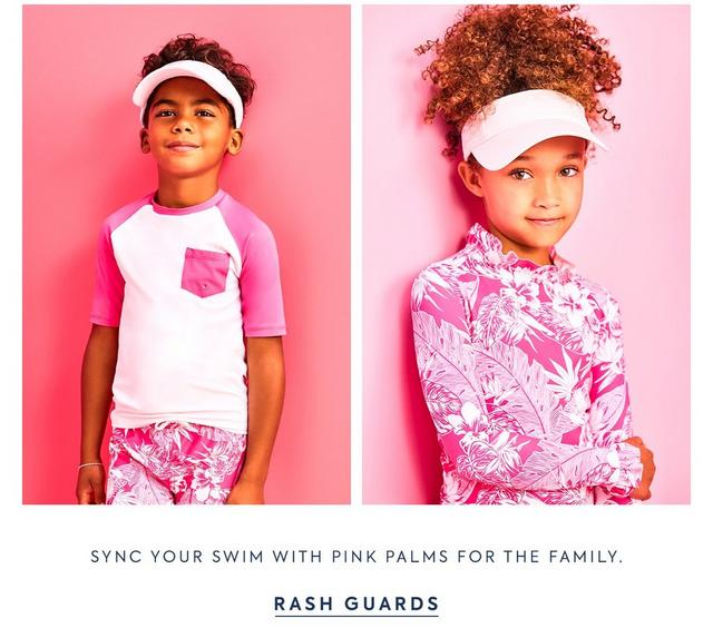 Sync your swim with pink palms for the family. Shop Rash Guards. 