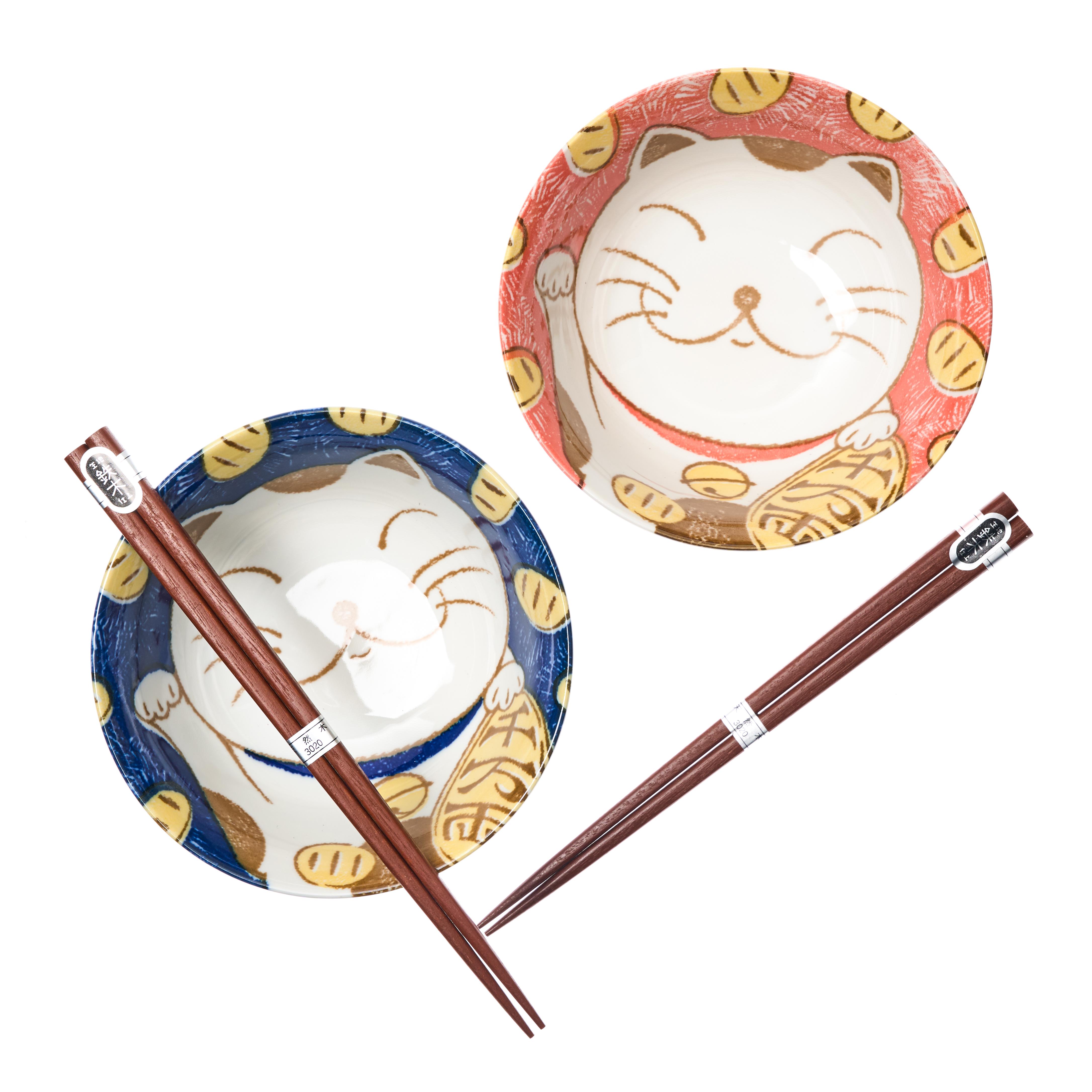 Yamata Seiho Ceramic Couple's Rice Bowl Set with Chopsticks - Cat Pattern, Blue & Red - 640g, 2 bowls, 2 chopsticks