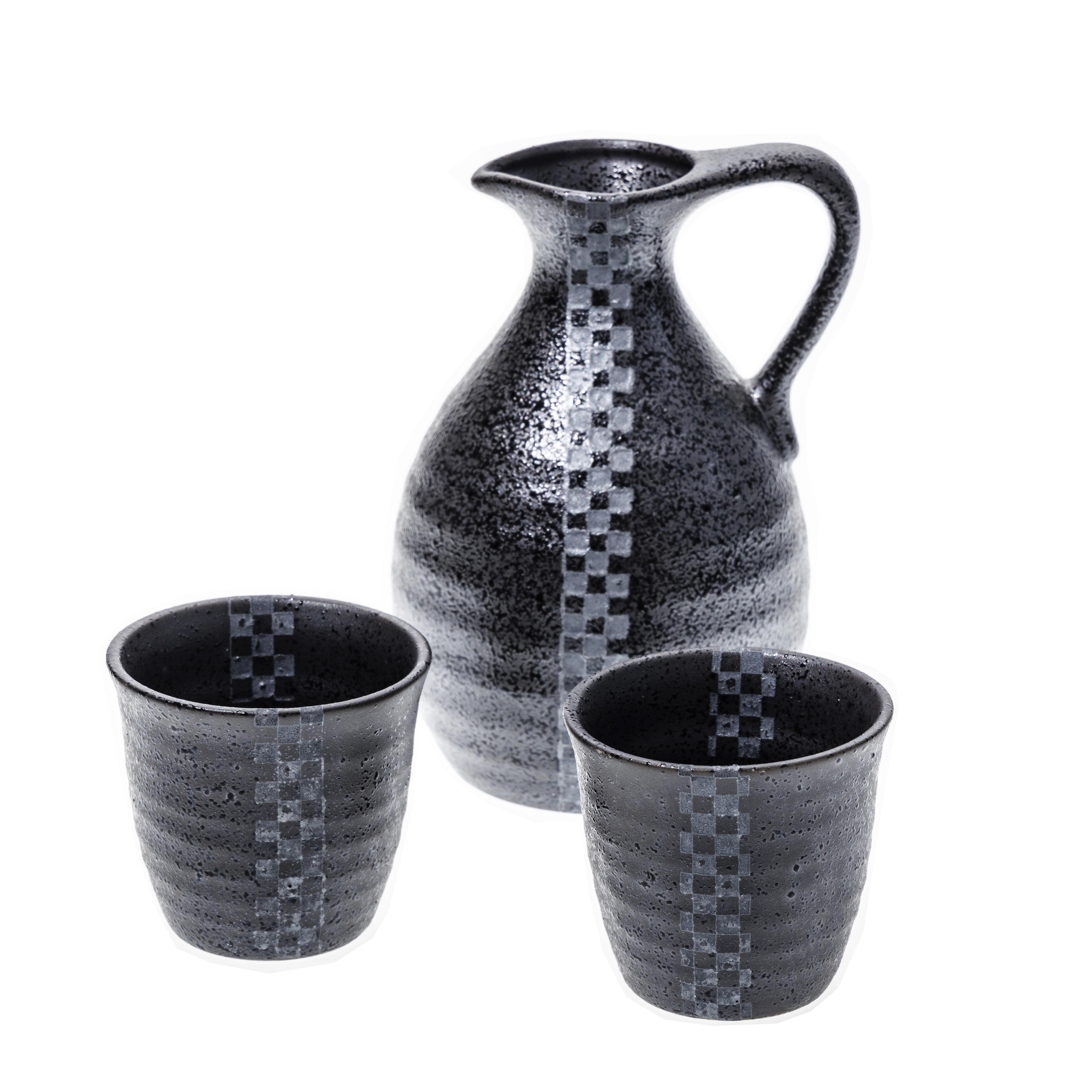 Ceramic Sake Set - Black and Silver, Speckled Ichimatsu Check Pattern - 335g