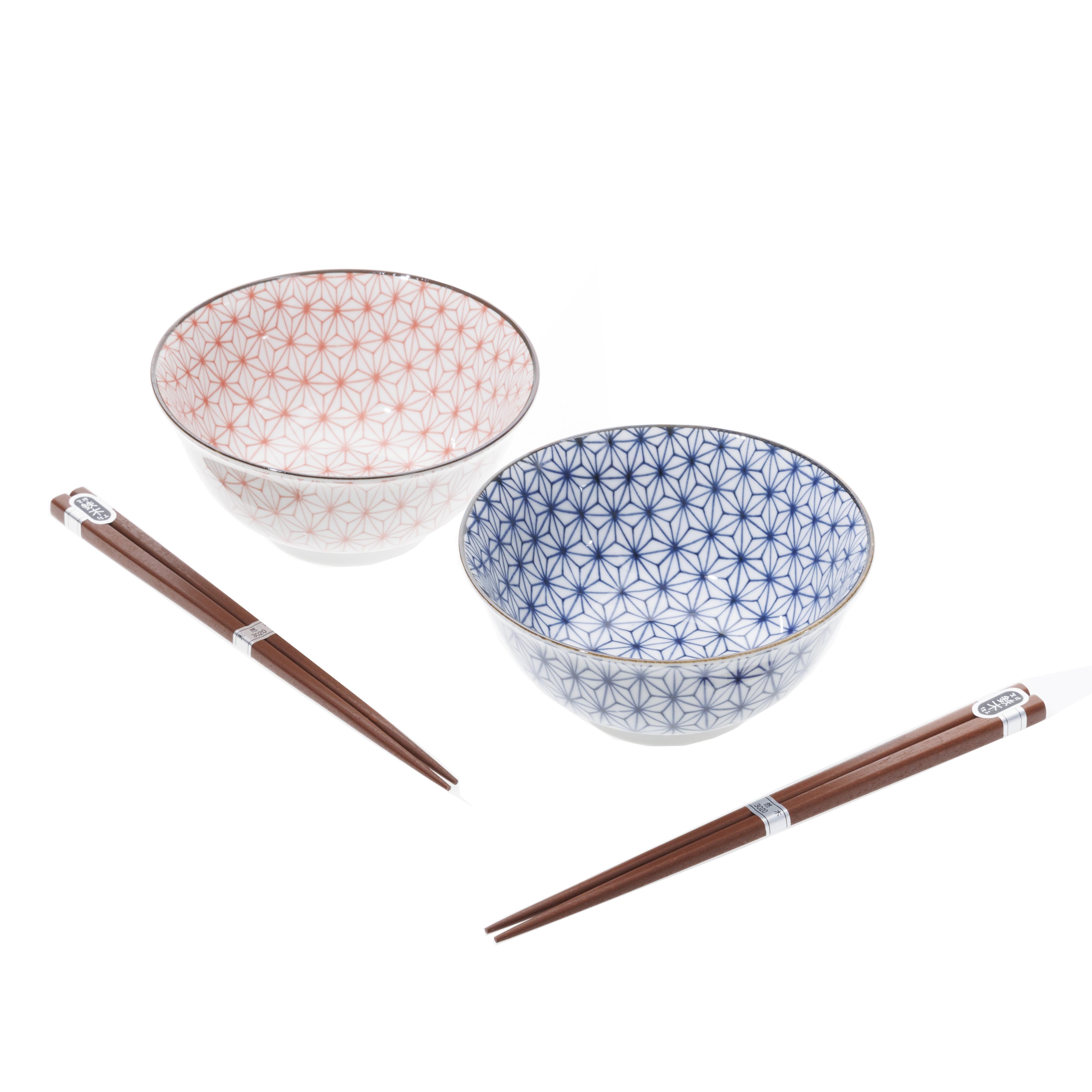 Ceramic Couple's Ramen Bowl Set with Chopsticks - Red And Blue, Asanoha Hemp Leaf Pattern - 620g, 2 bowls, 2 chopsticks